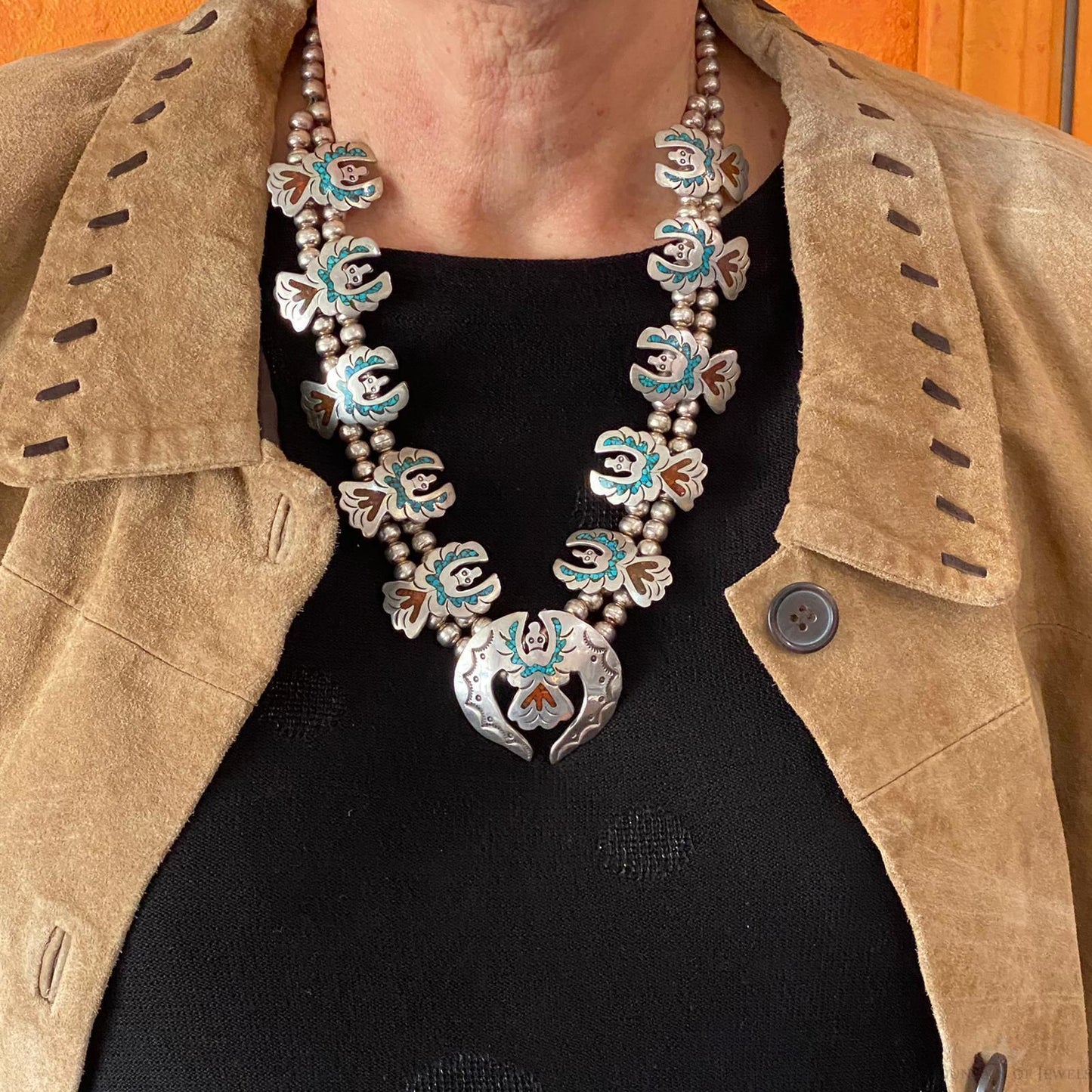 Vintage Native American Silver Chip Inlay Thunderbird Squash Blossom Necklace