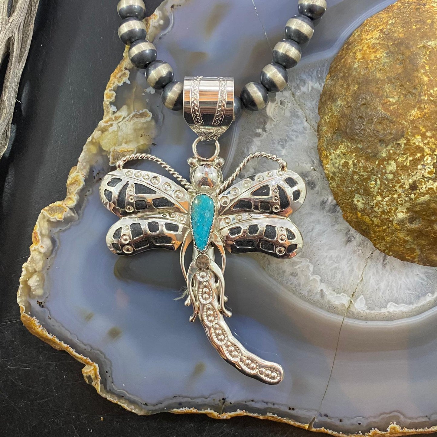 Alonzo Mariano Sterling Kingman Turquoise Dragonfly Decorated Pendant For Women