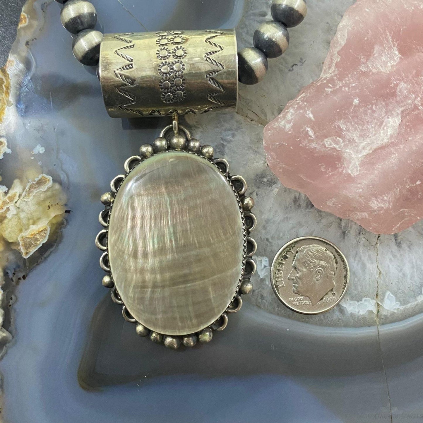 Juan Guerro Native American Sterling Silver Large Mother of Pearl Pendant