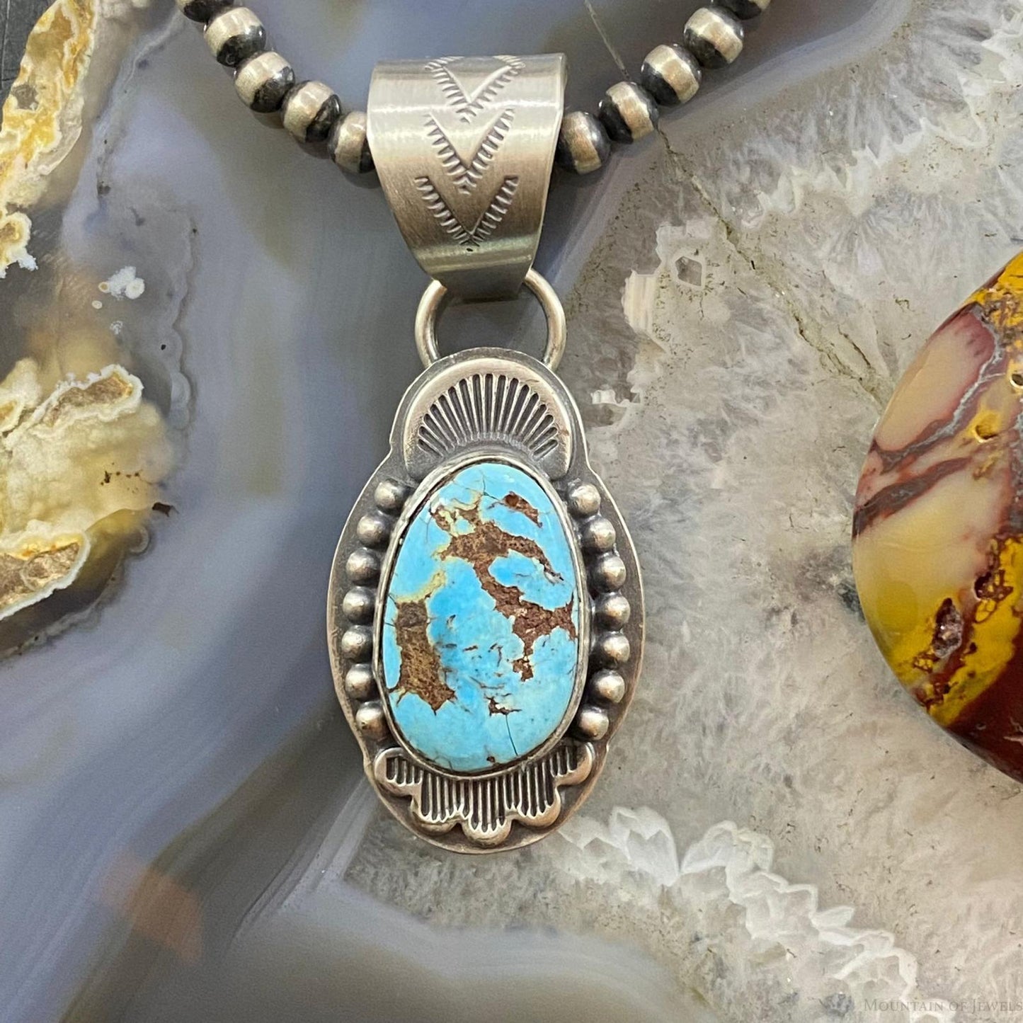 Native American Sterling Oval Kingman Turquoise Decorated Pendant For Women