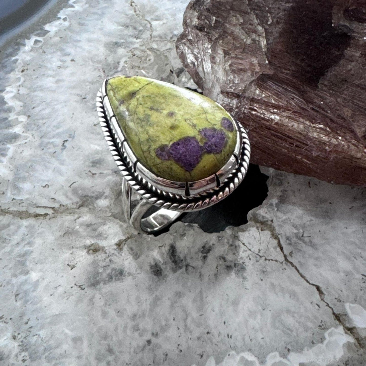 Sterling Silver Southwestern Style Teardrop Atlantisite Decorated Ring Size 9 For Women