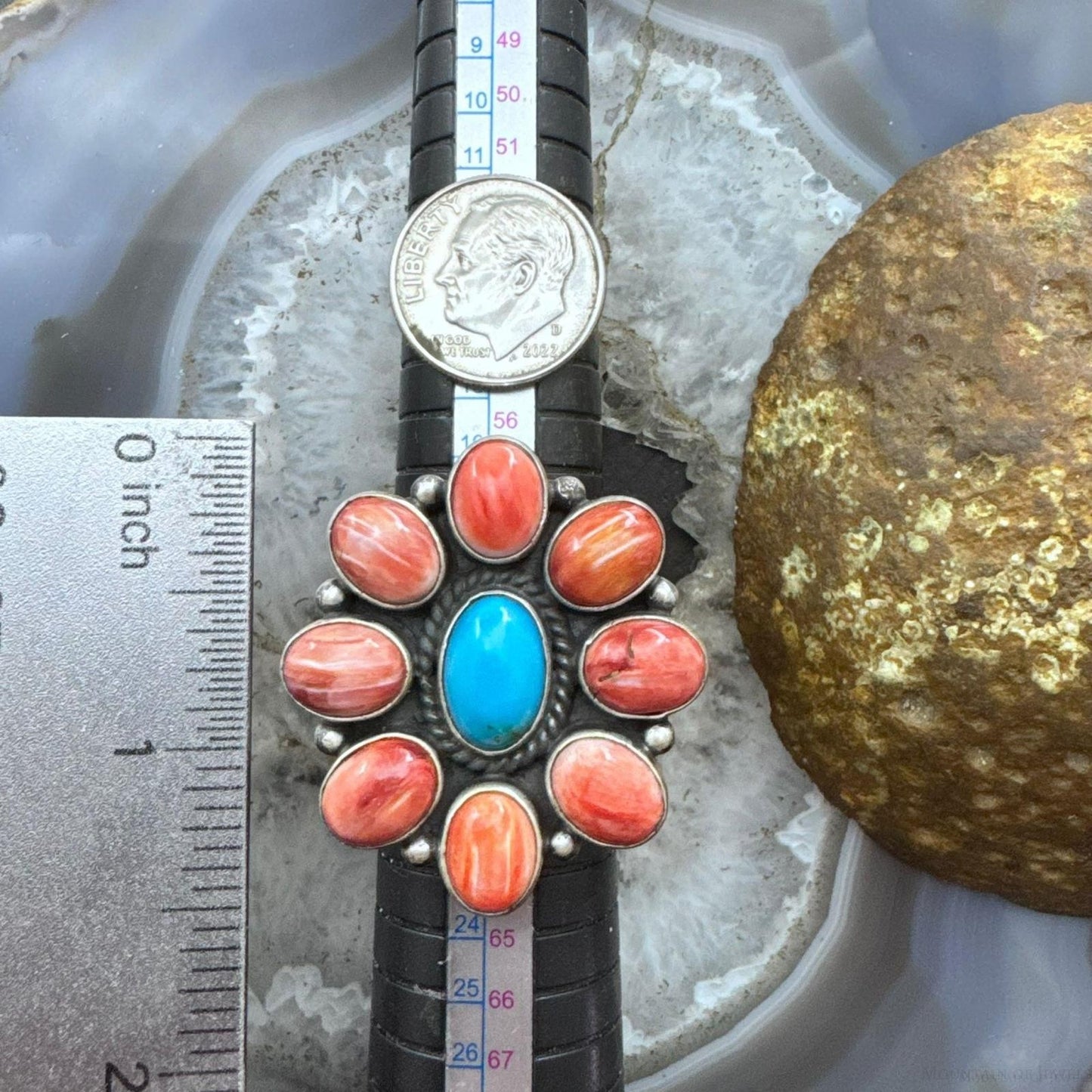 Native American Sterling Silver Turquoise &Spiny Oyster Adjustable Cluster Ring For Women