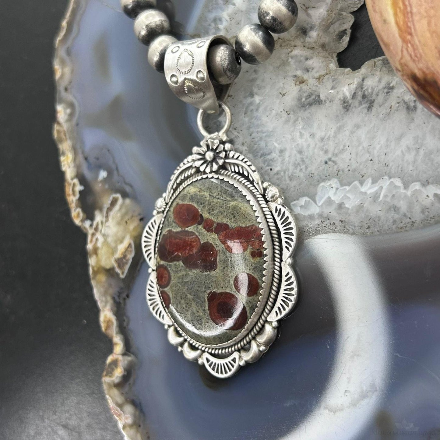 Sterling Silver Southwestern Style Oval Peanut Obsidian Decorated Pendant For Women