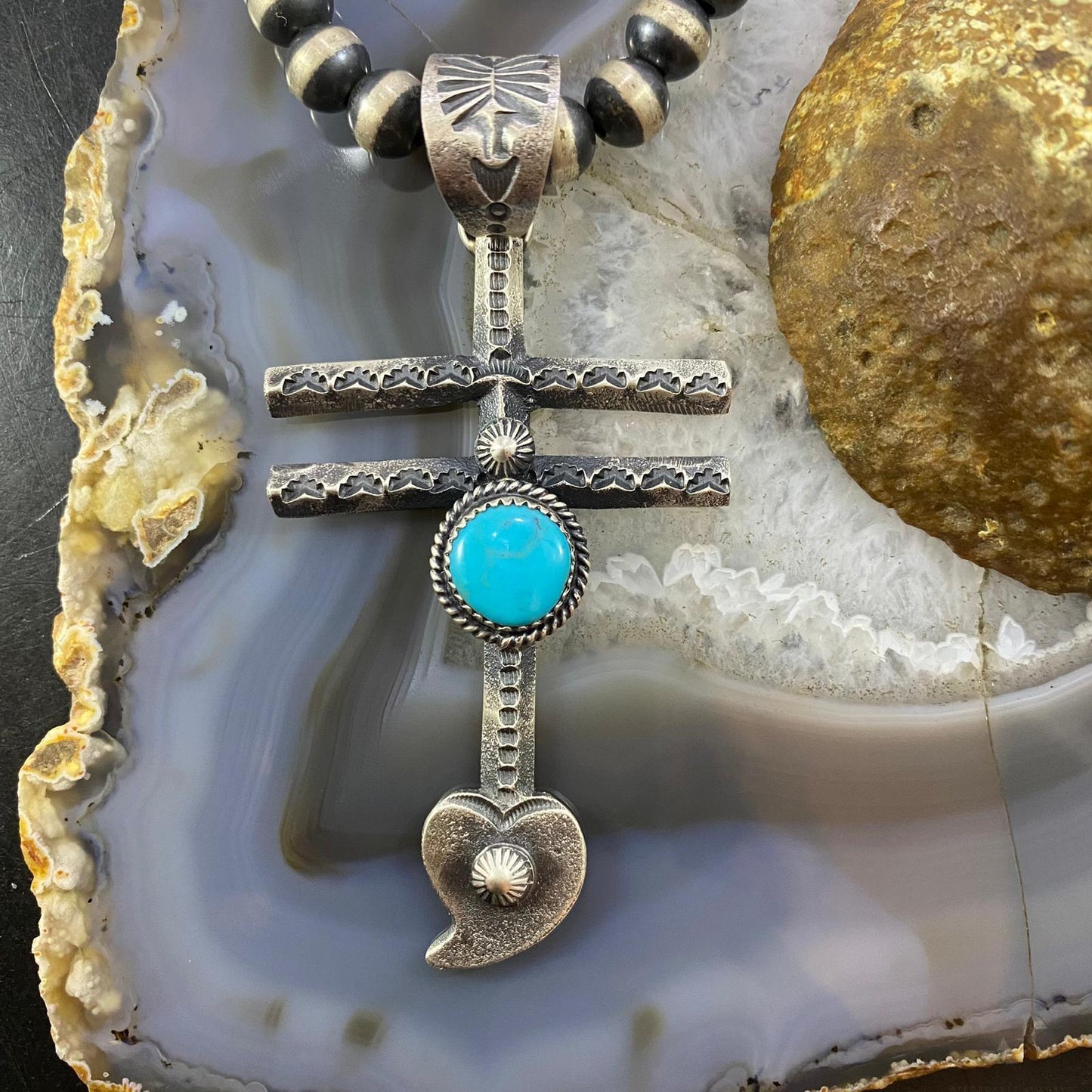 Kevin Billah Native American Sterling Silver Turquoise Native Cross w/Heart Unisex Pendant