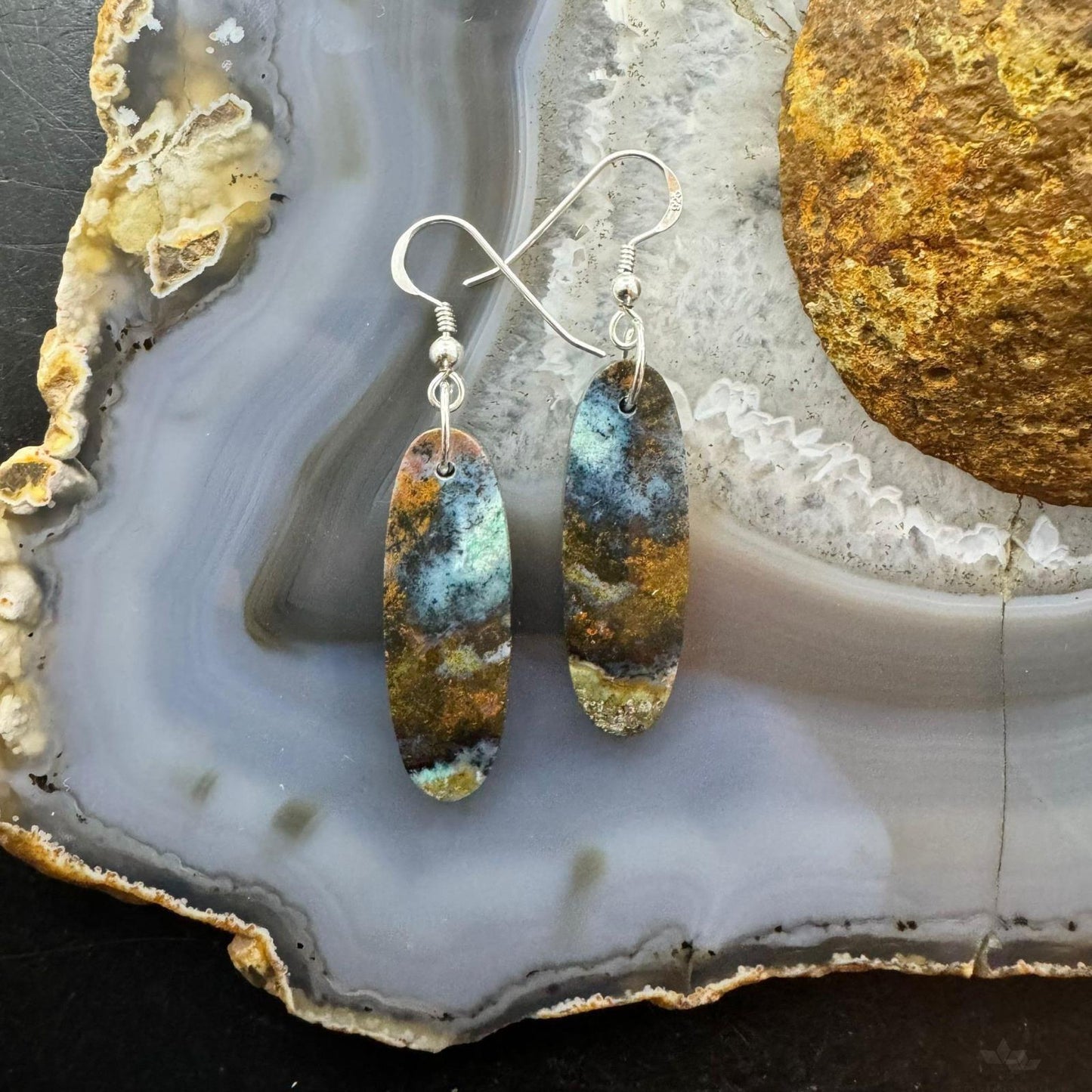 Sterling Silver Elongated Oval Chrysocolla Slab Dangle Earrings For Women #354
