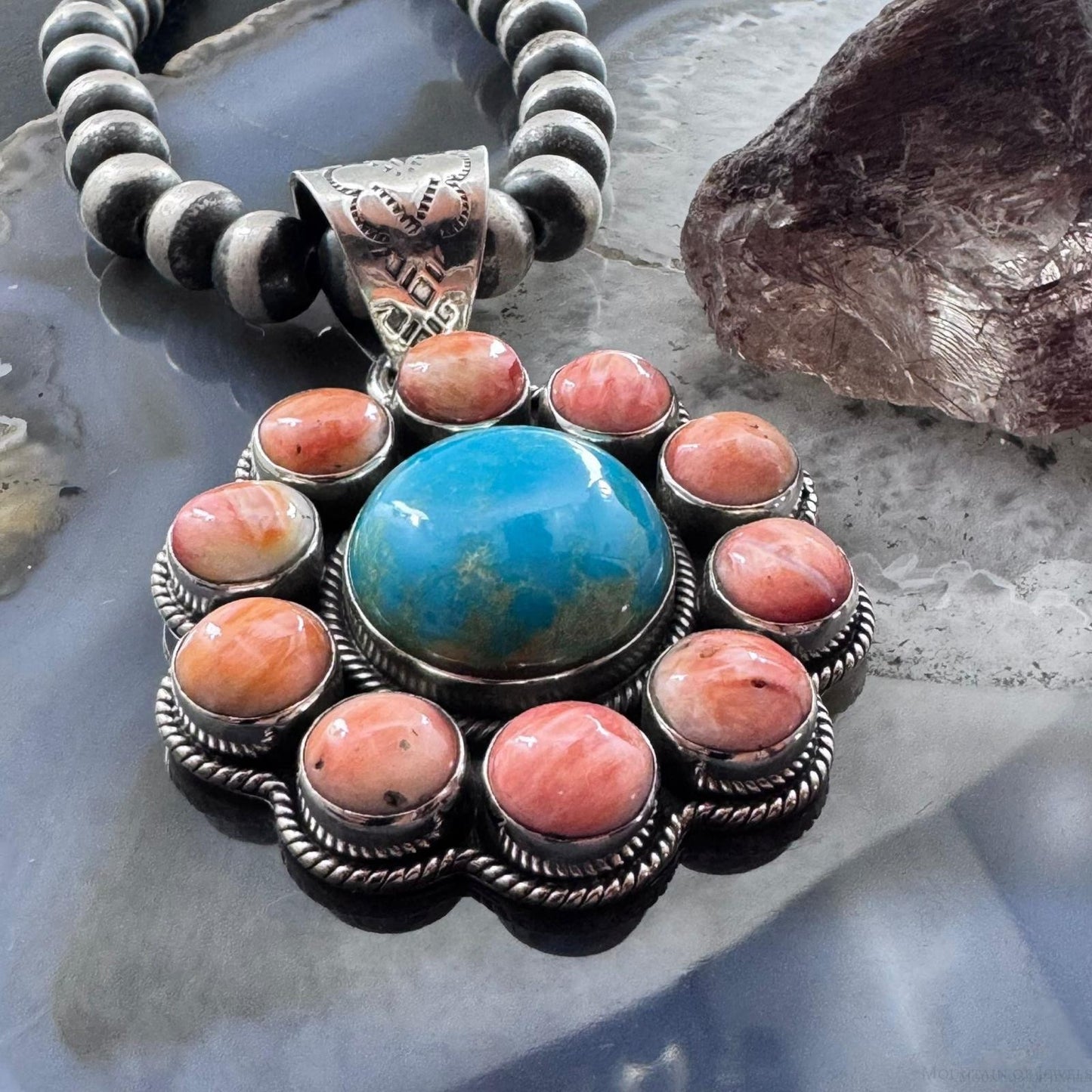 Native American Sterling Silver Turquoise & Orange Spiny Oyster Cluster Pendant For Women