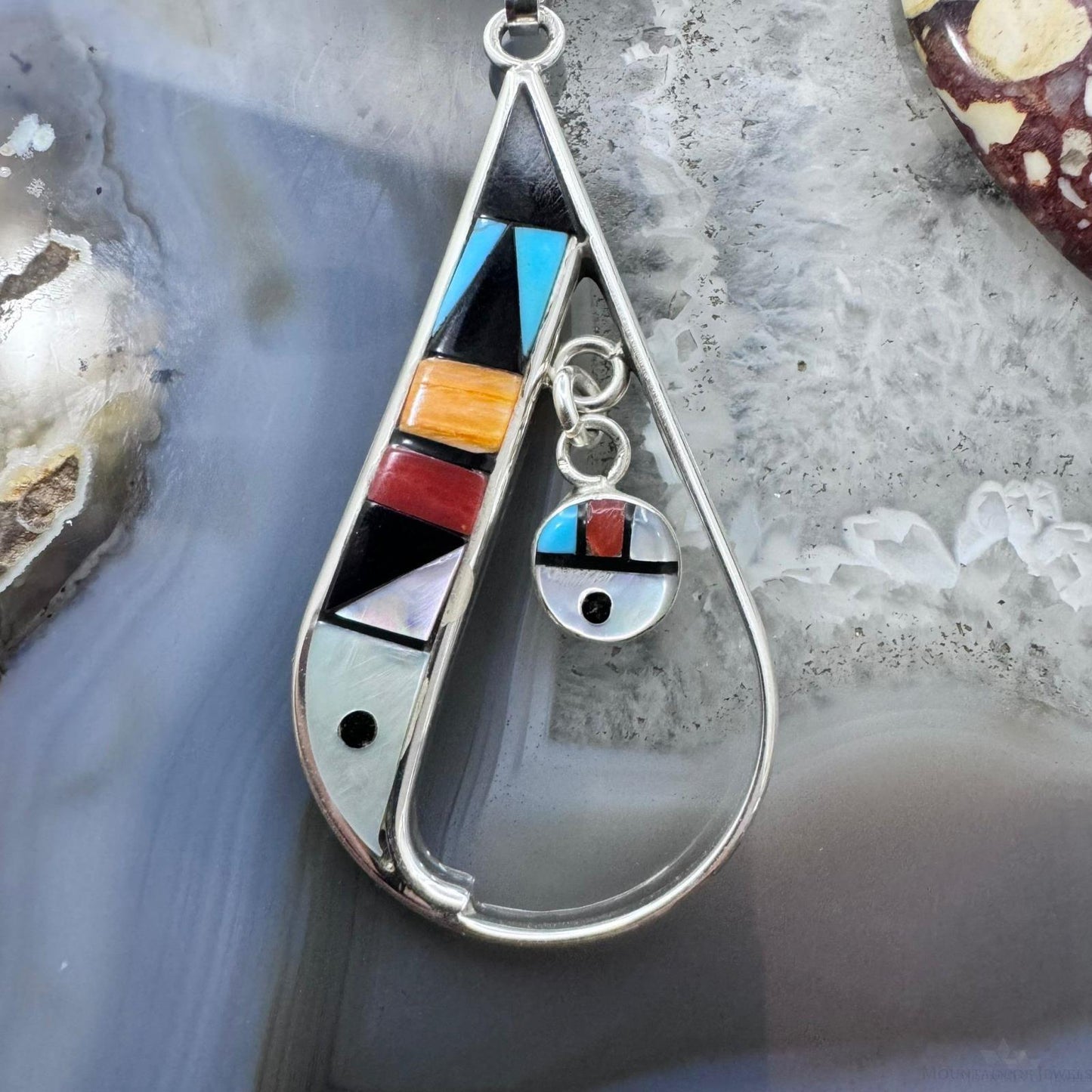 Sheryl Edaakie Zuni Sterling Silver Multistone Inlay Teardrop Pendant For Women #3