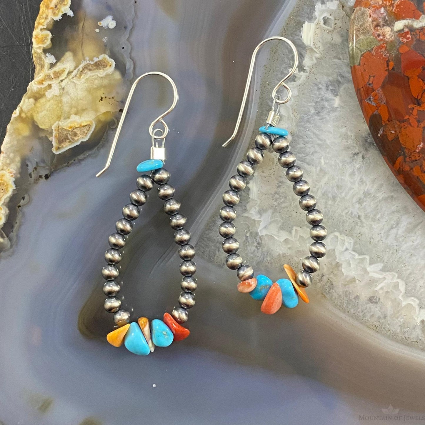 Navajo Pearl, Coral & Turquoise Beads 3mm Sterling Teardrop Dangle Earrings