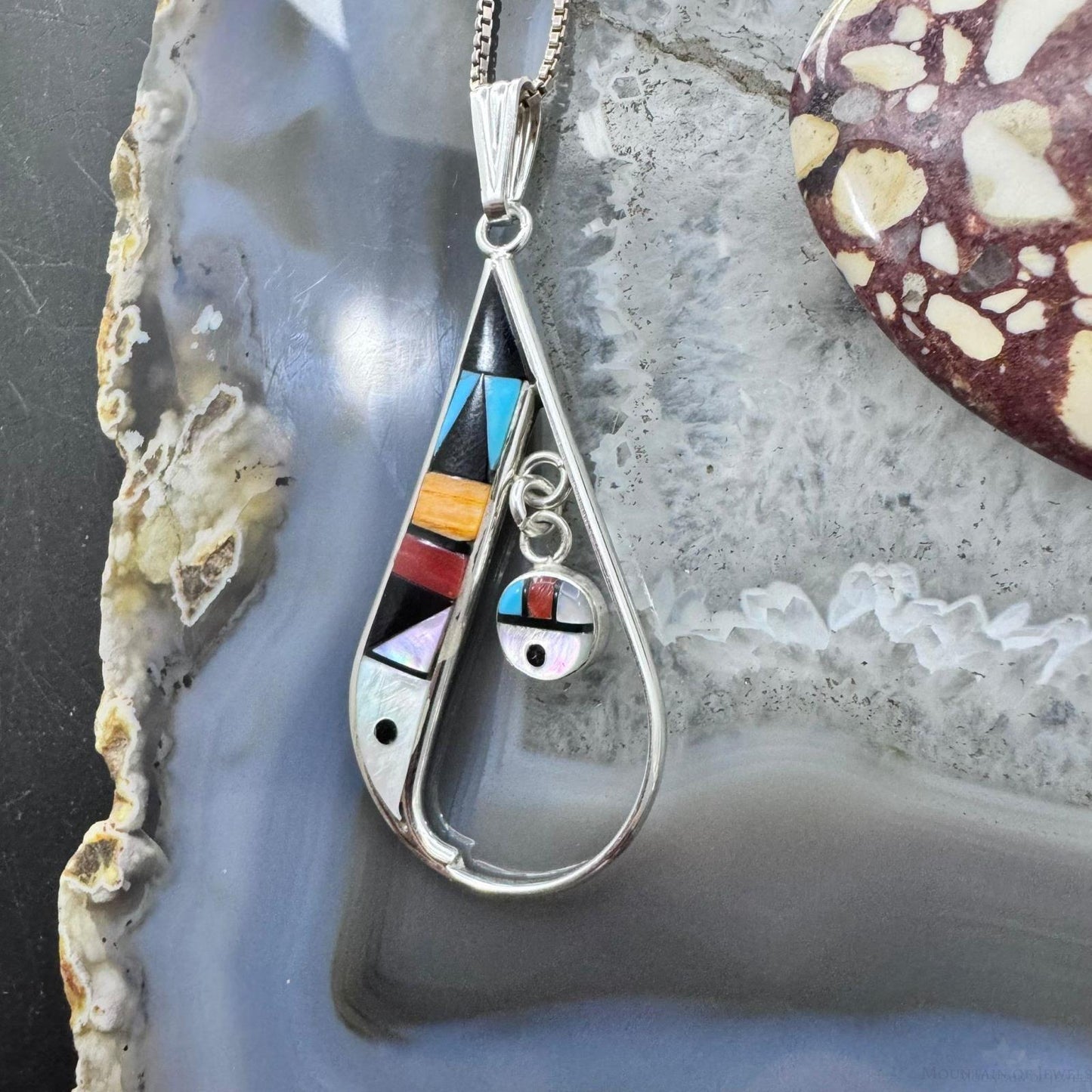 Sheryl Edaakie Zuni Sterling Silver Multistone Inlay Teardrop Pendant For Women #3