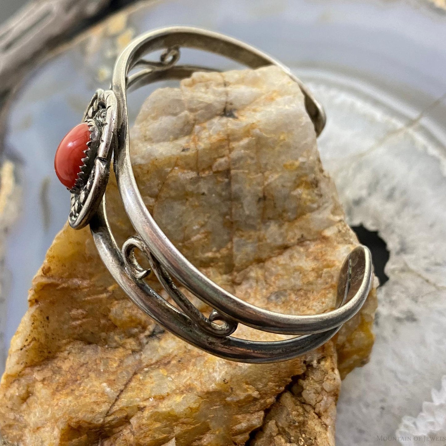 Vintage Native American Silver Oval Coral Decorated Bracelet For Women