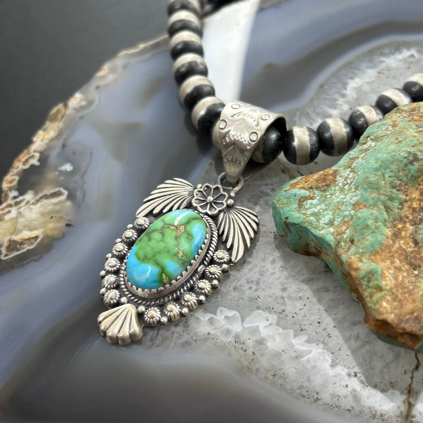 Sterling Southwestern Style Oval Sonora Gold Turquoise Leaves Decorated Pendant