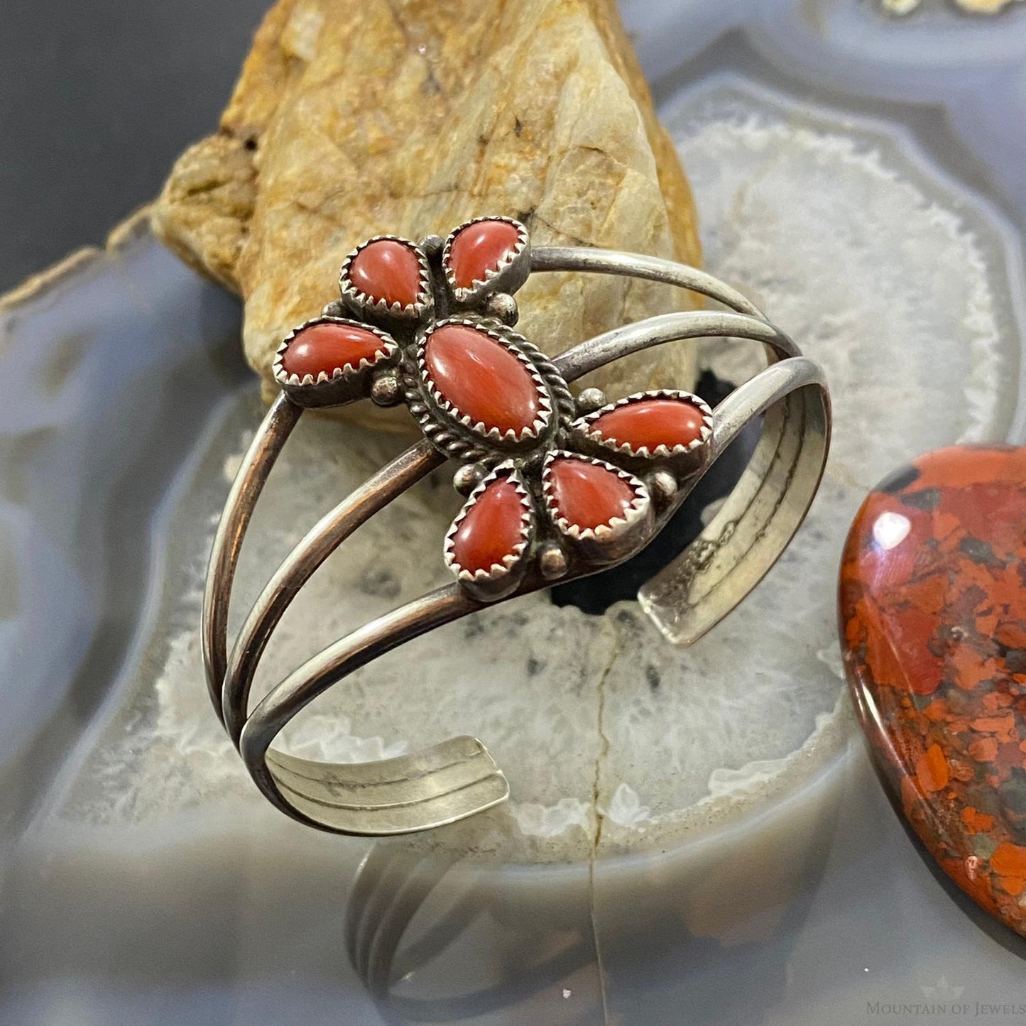 T. Yazzie Native American Sterling Coral Flower Split Shank Bracelet For Women