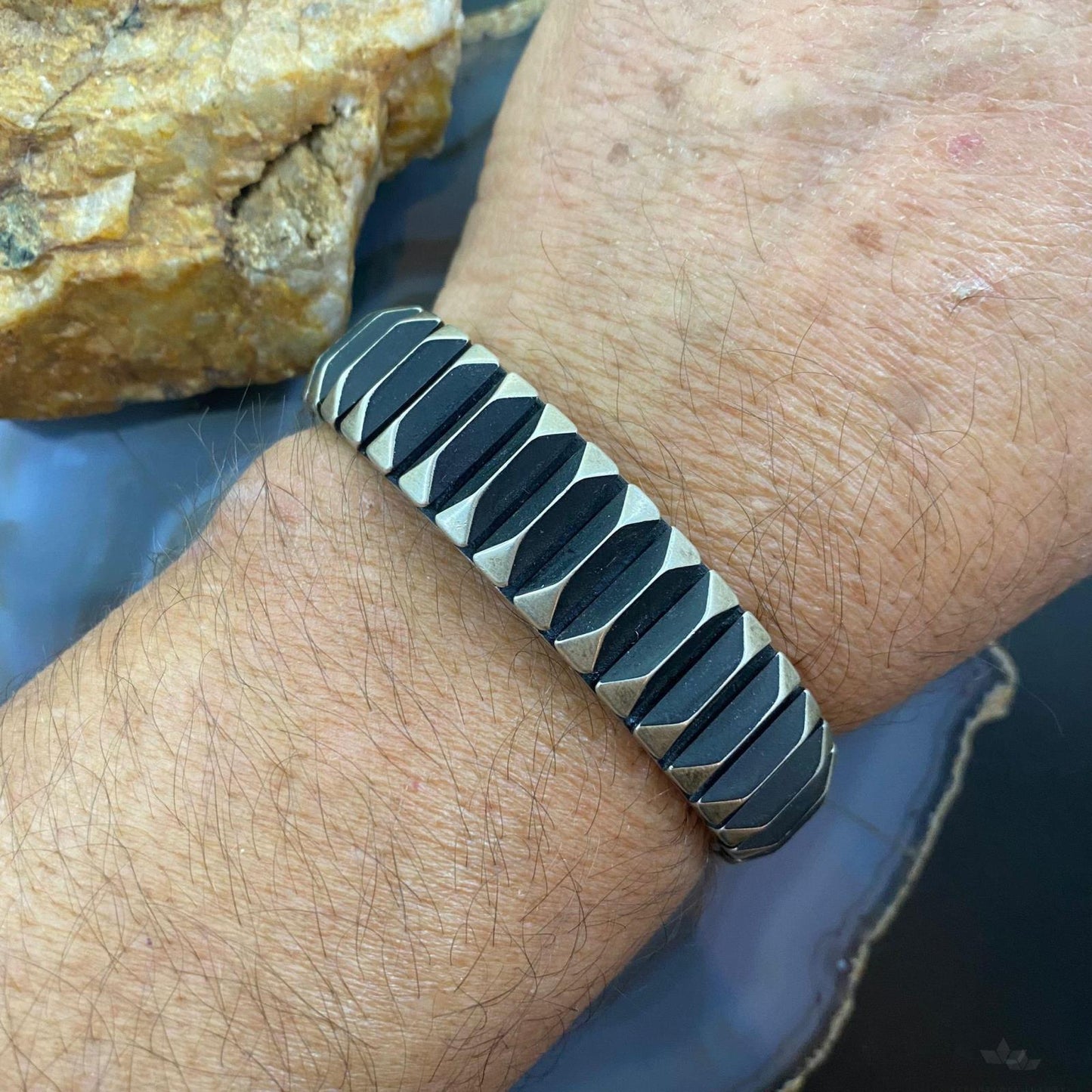 Leander Tahe Native American Sterling Heavy Geometric Bracelet For Men