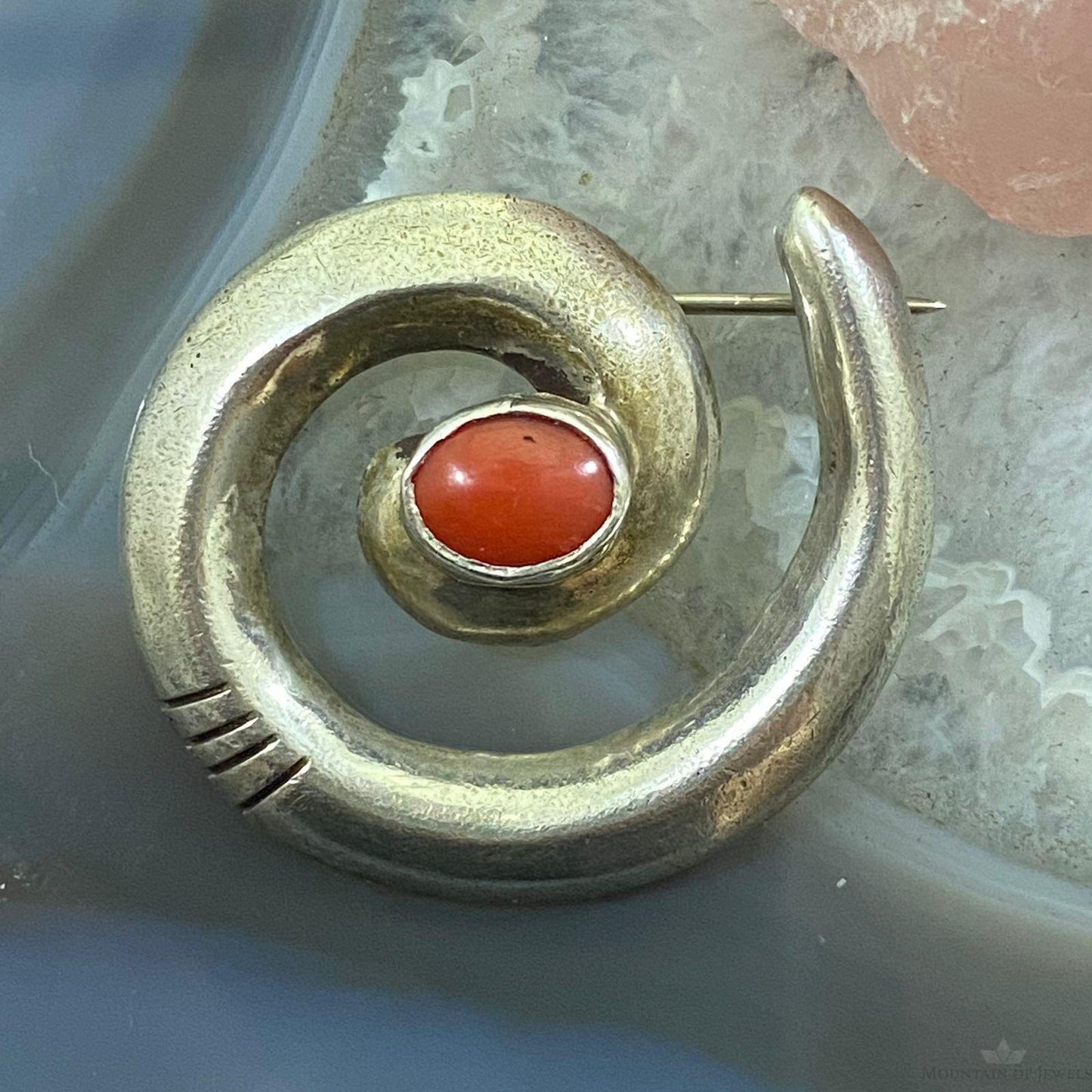 Vintage Native American Sterling Silver SandCast "Circle of Life" w/Coral Brooch