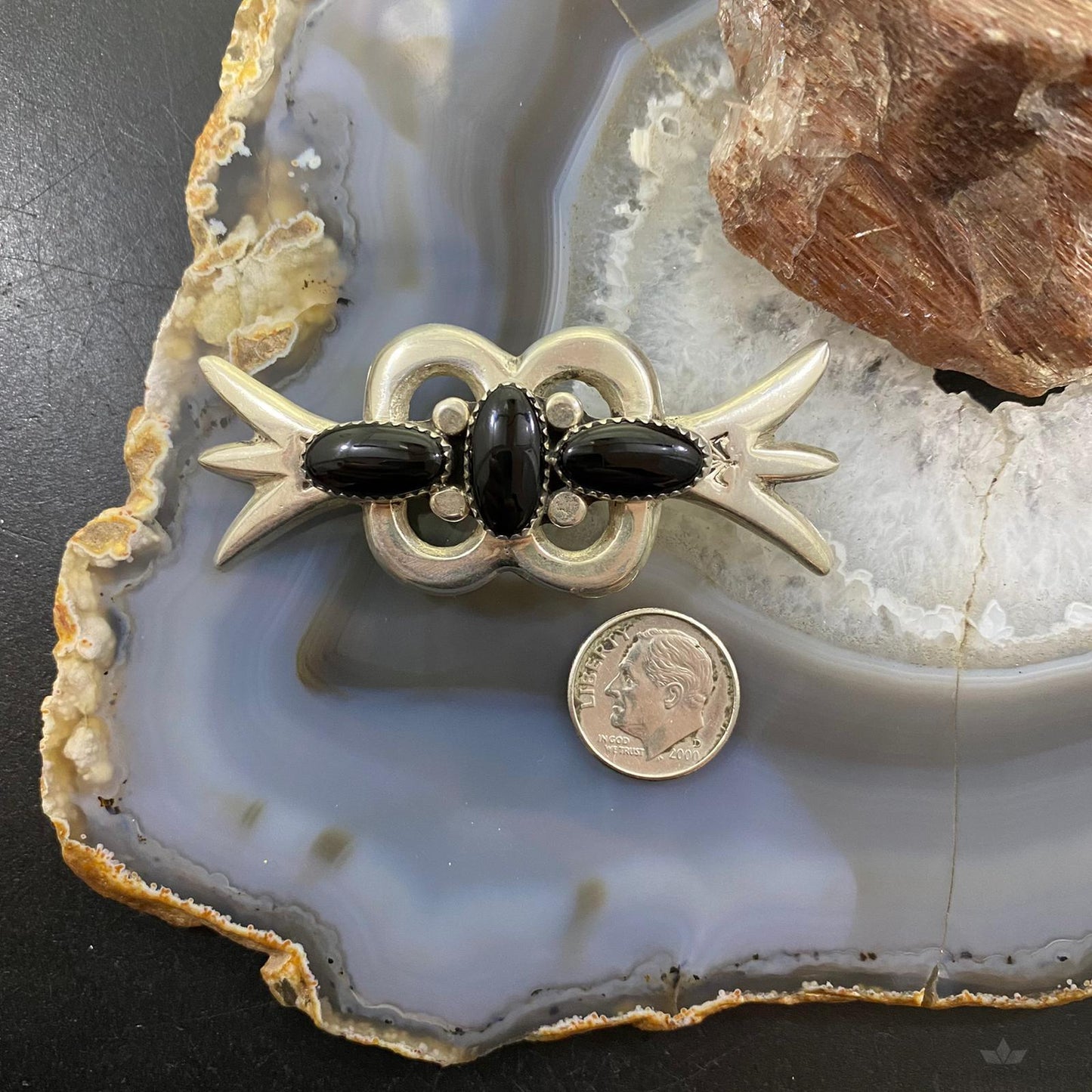Vintage Native American Sterling Silver Sand Cast W/Onyx Brooch For Women