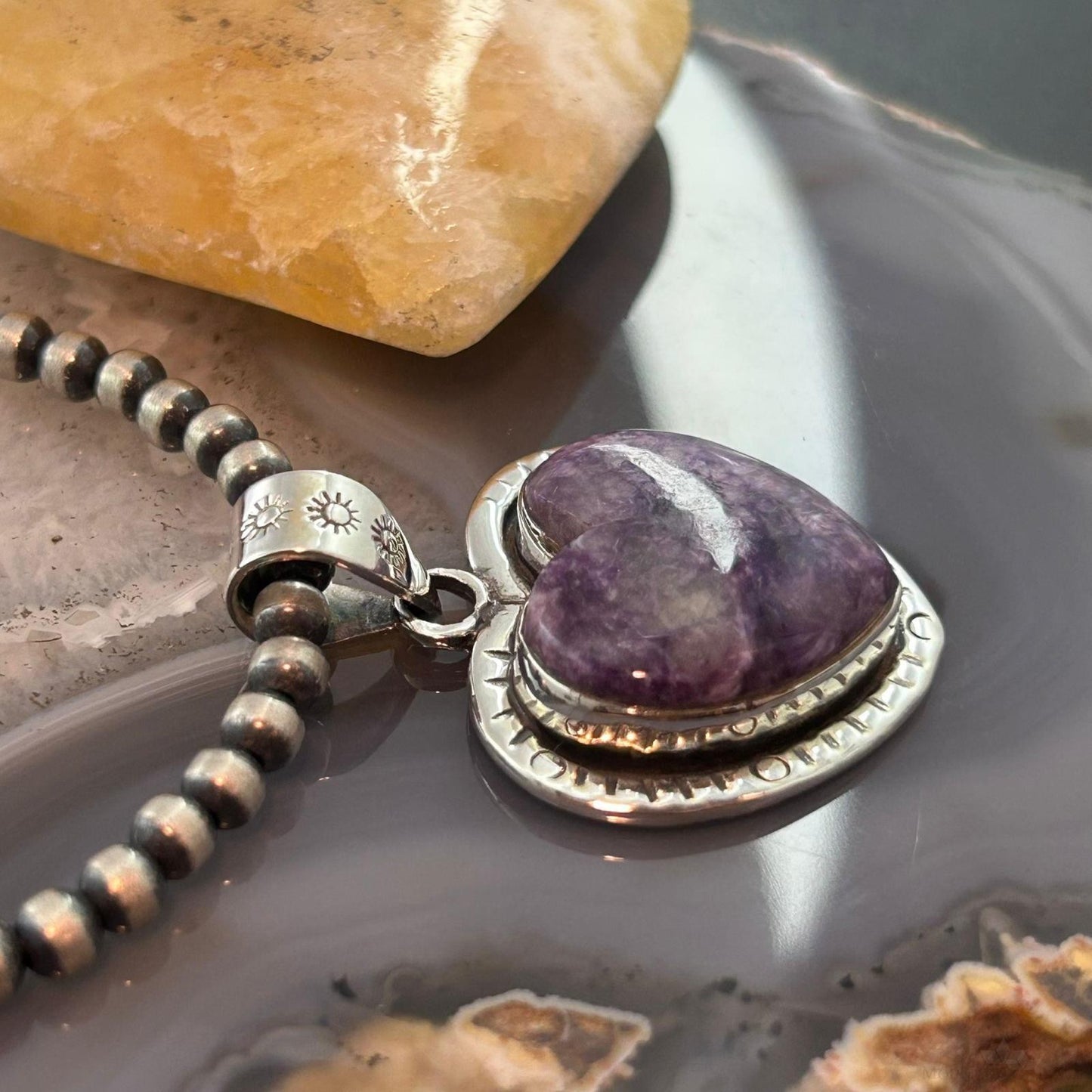 Sterling Silver Southwestern Style Charoite Decorated Heart Pendant For Women #1