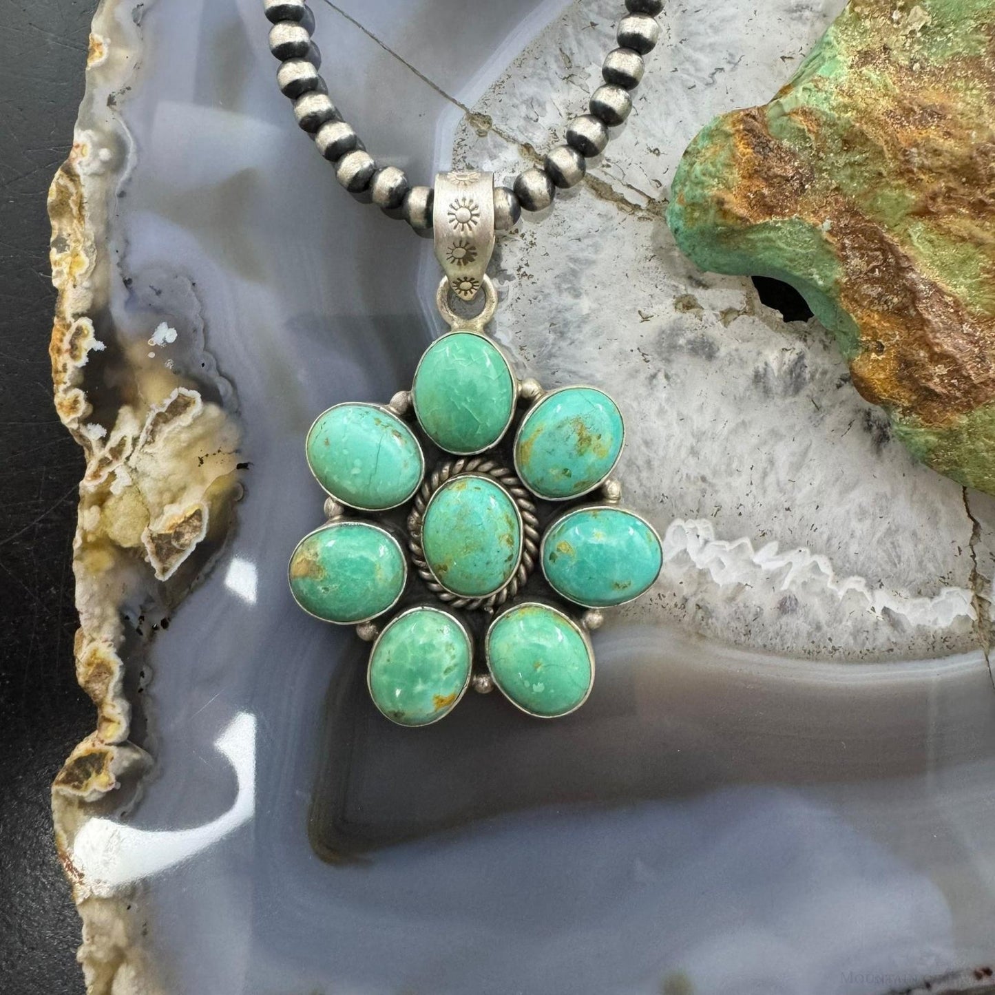 Sterling Silver Southwestern Style Turquoise Cluster Flower Pendant For Women
