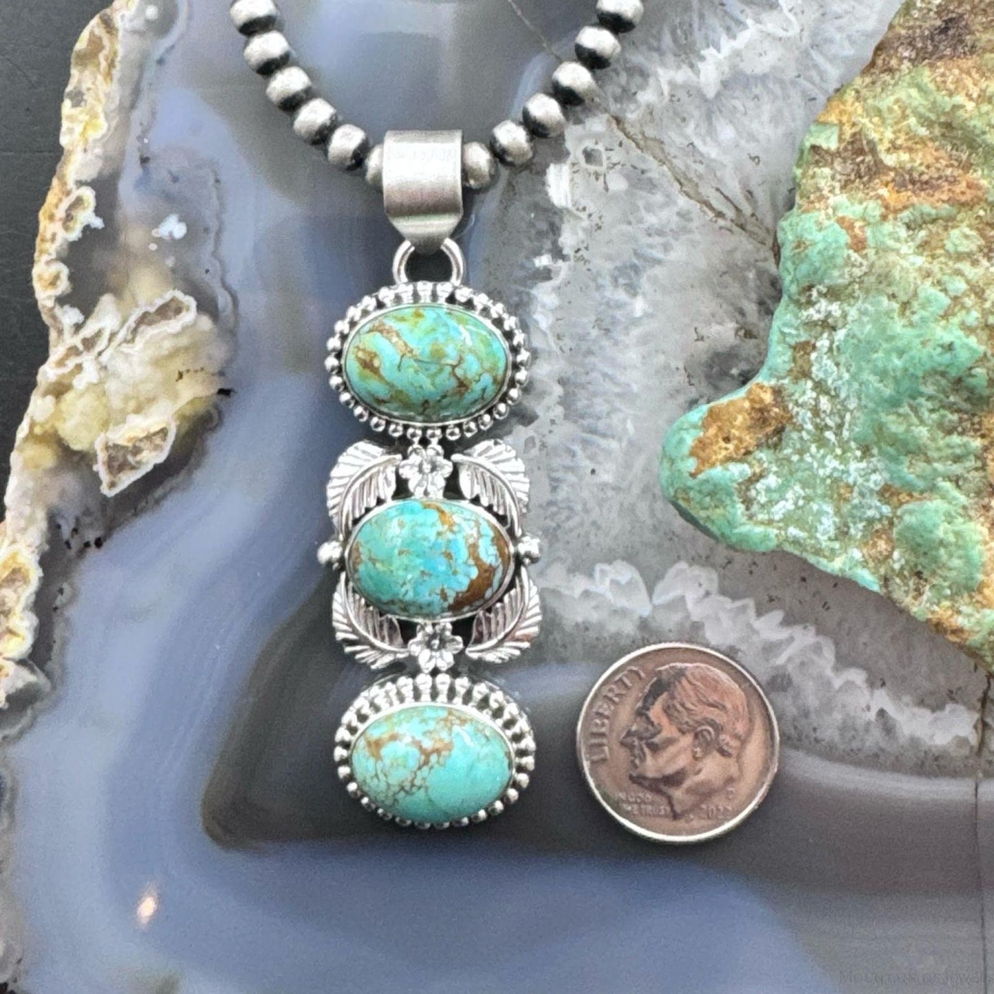 Sterling Silver Southwestern Style 3 Oval Turquoise Decorated Pendant For Women