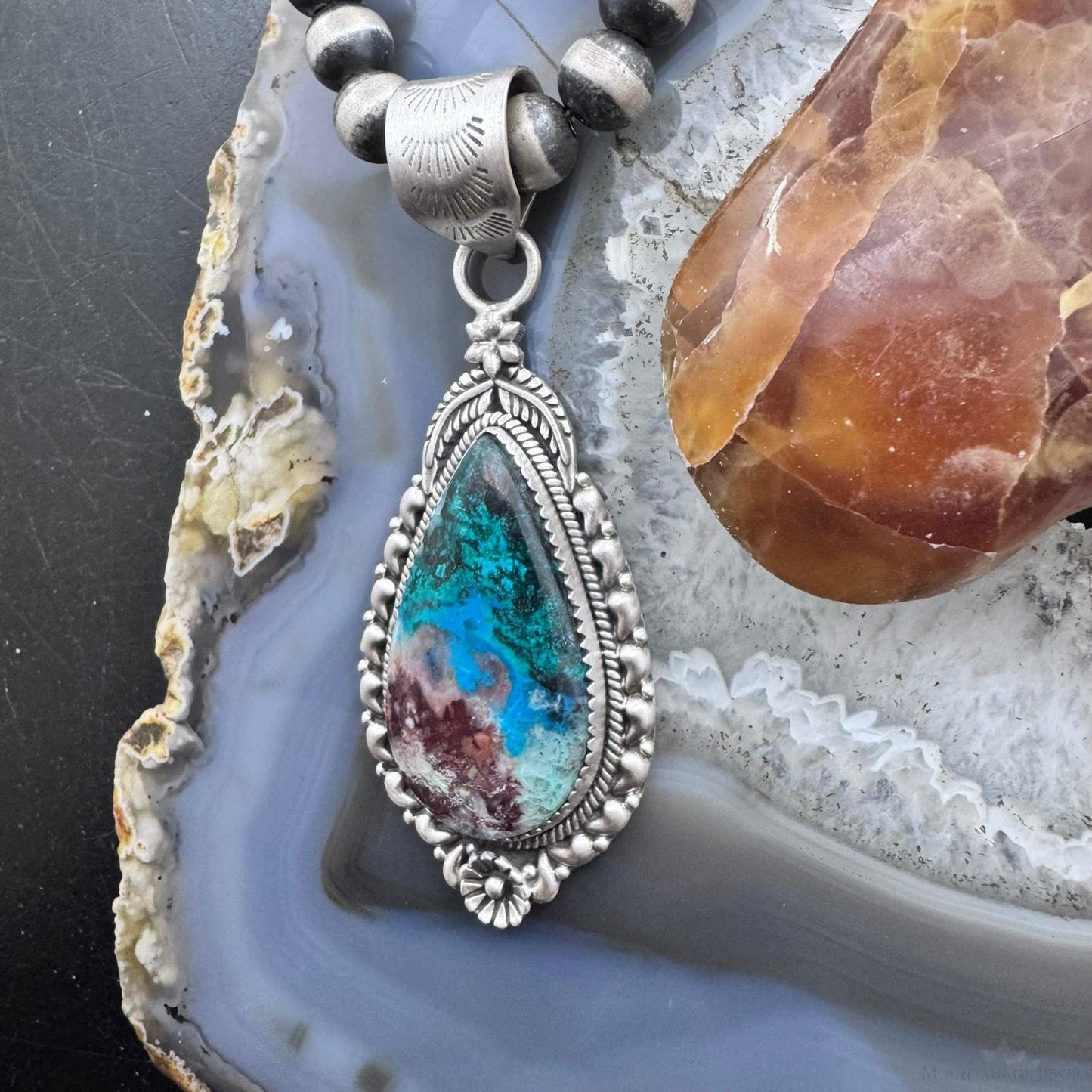 Sterling Silver Southwestern Style Elongated Teardrop Shattuckite Pendant For Women