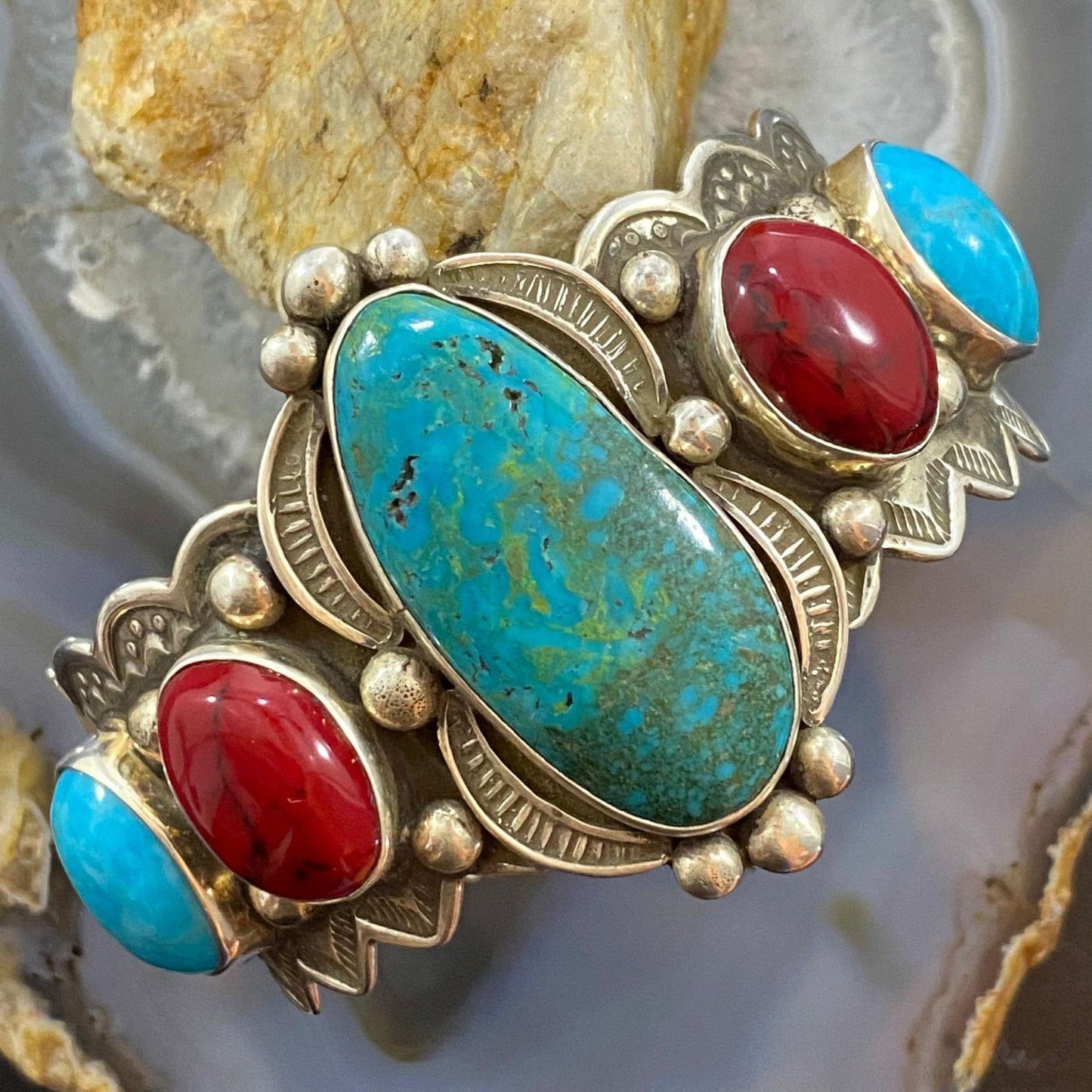 Signed Native American Sterling Silver Turquoise &Apple Coral Decorated Bracelet