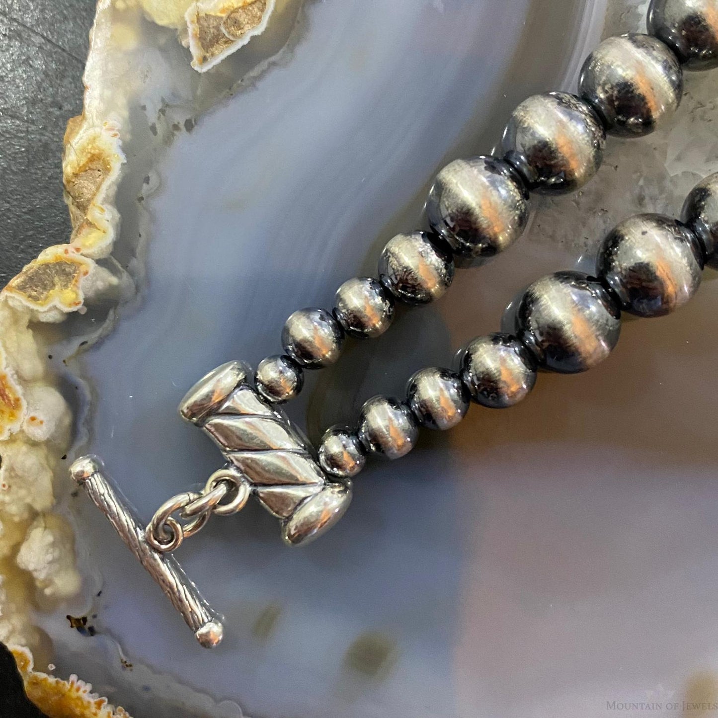 Carolyn Pollack Sterling Silver Navajo Pearl Bead 3 Denim Lapis Link Bracelet For Women