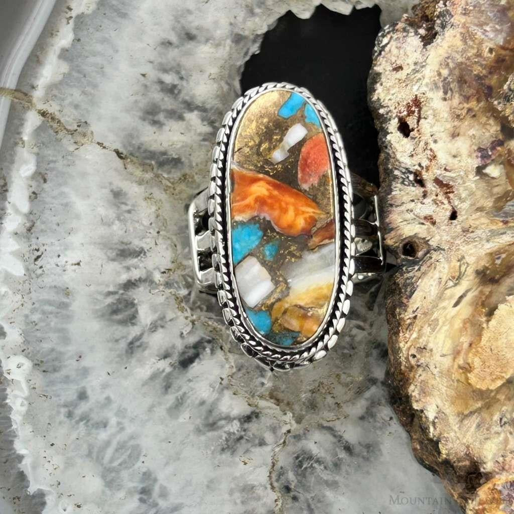 Sterling Silver Southwestern Style Oval Spiny Oyster Turquoise Ring Size 7.25 For Women