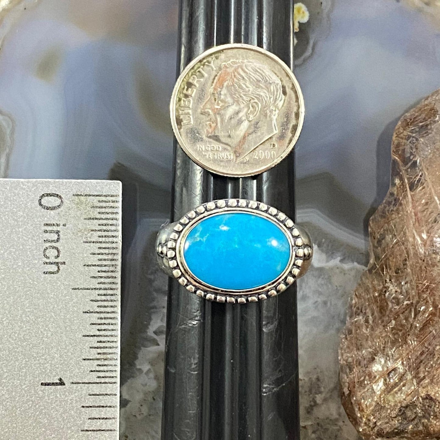 Carolyn Pollack Southwestern Style Sterling Silver Horizontally Mounted Oval Turquoise Decorated Ring For Women
