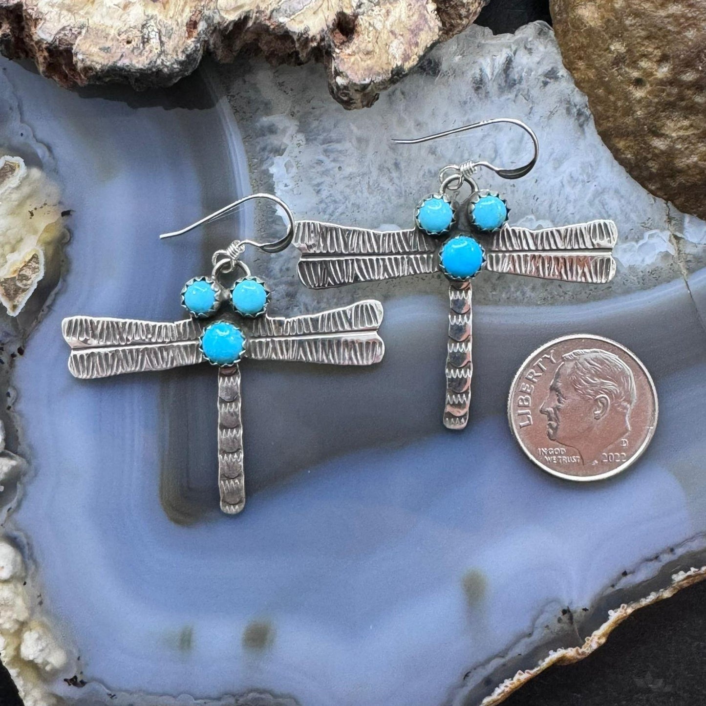 Brad Panteah Sterling Silver Dragonfly w/3 Turquoise Dangle Earrings For Women
