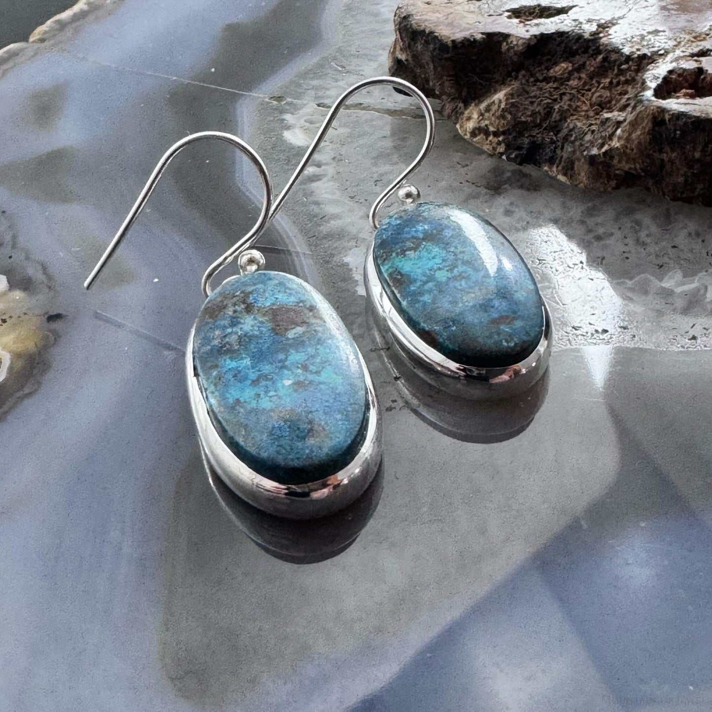 Sterling Silver Southwestern Style Oval Shattuckite Dangle Earrings For Women