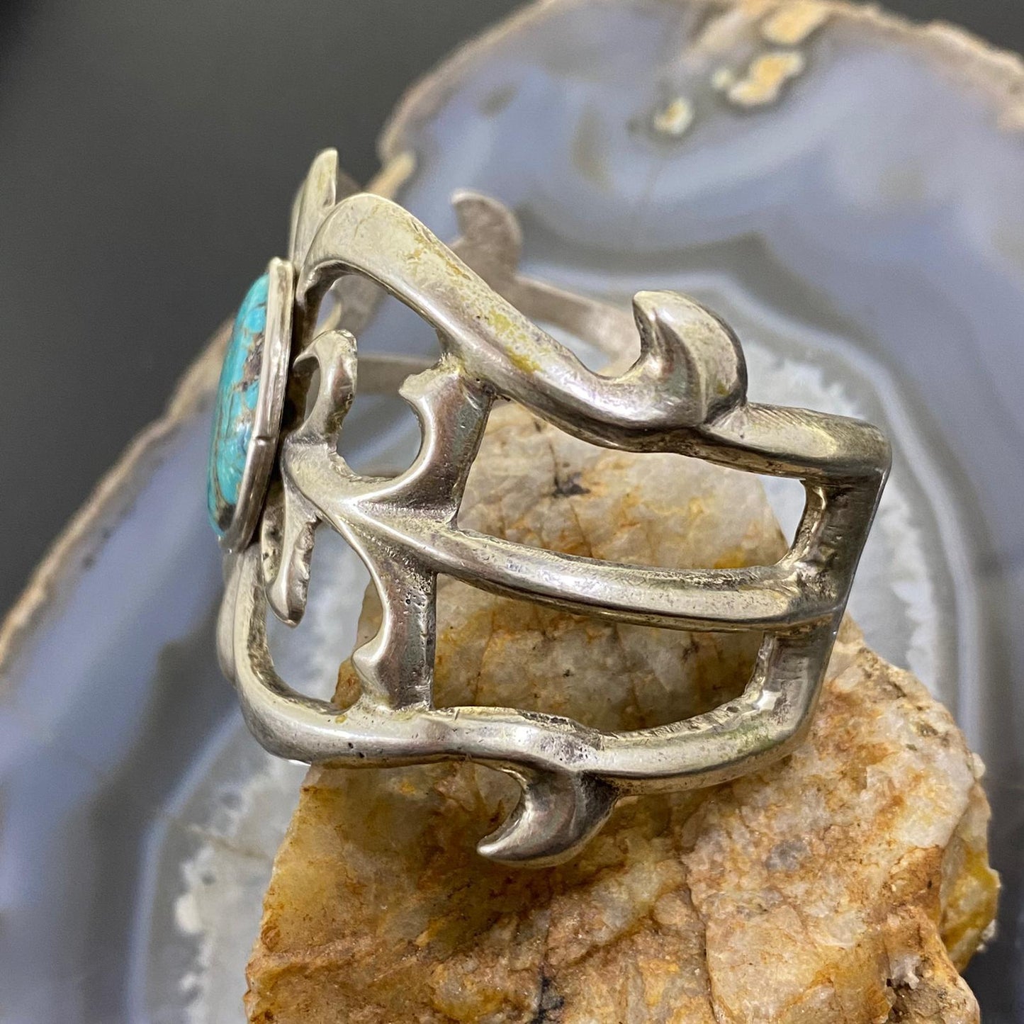 Vintage Native American Silver Turquoise Sandcast Bracelet For Women