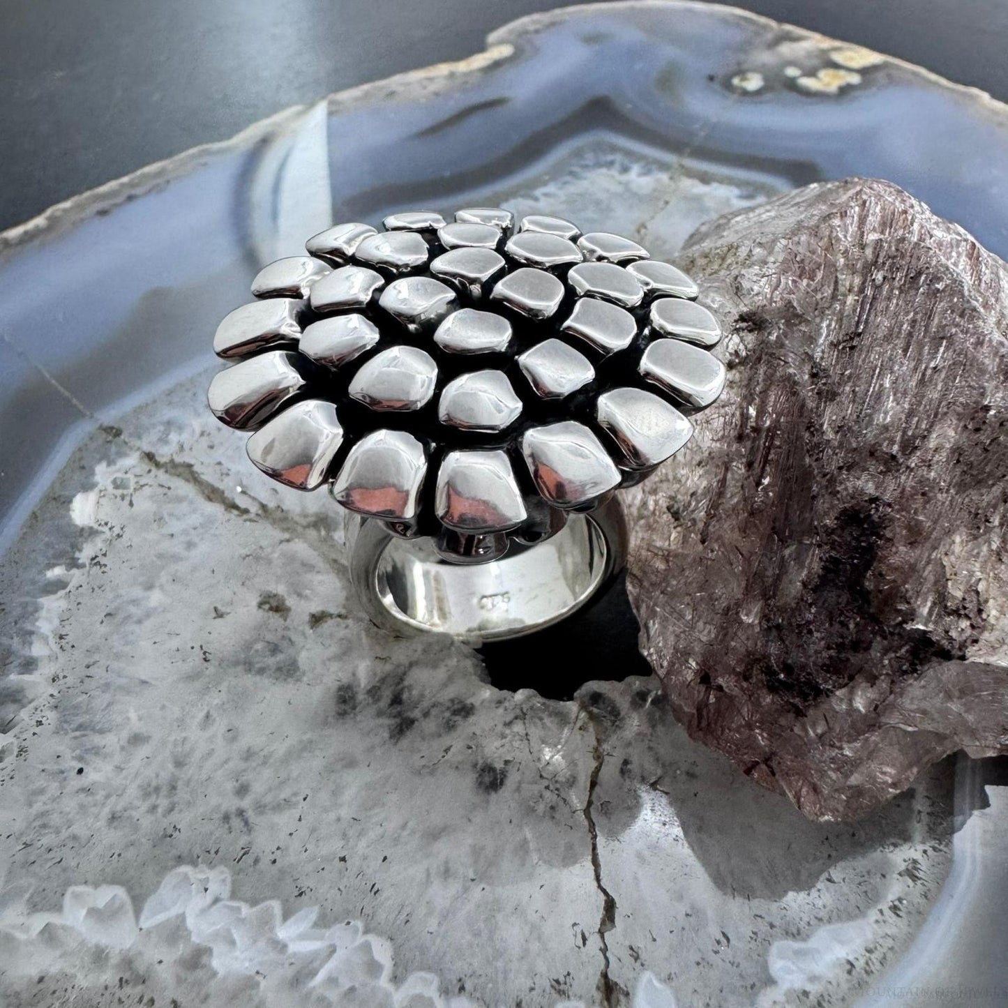 Sterling Silver Electroform Rounded Petals Flower Fashion Ring For Women, Taxco Mexico