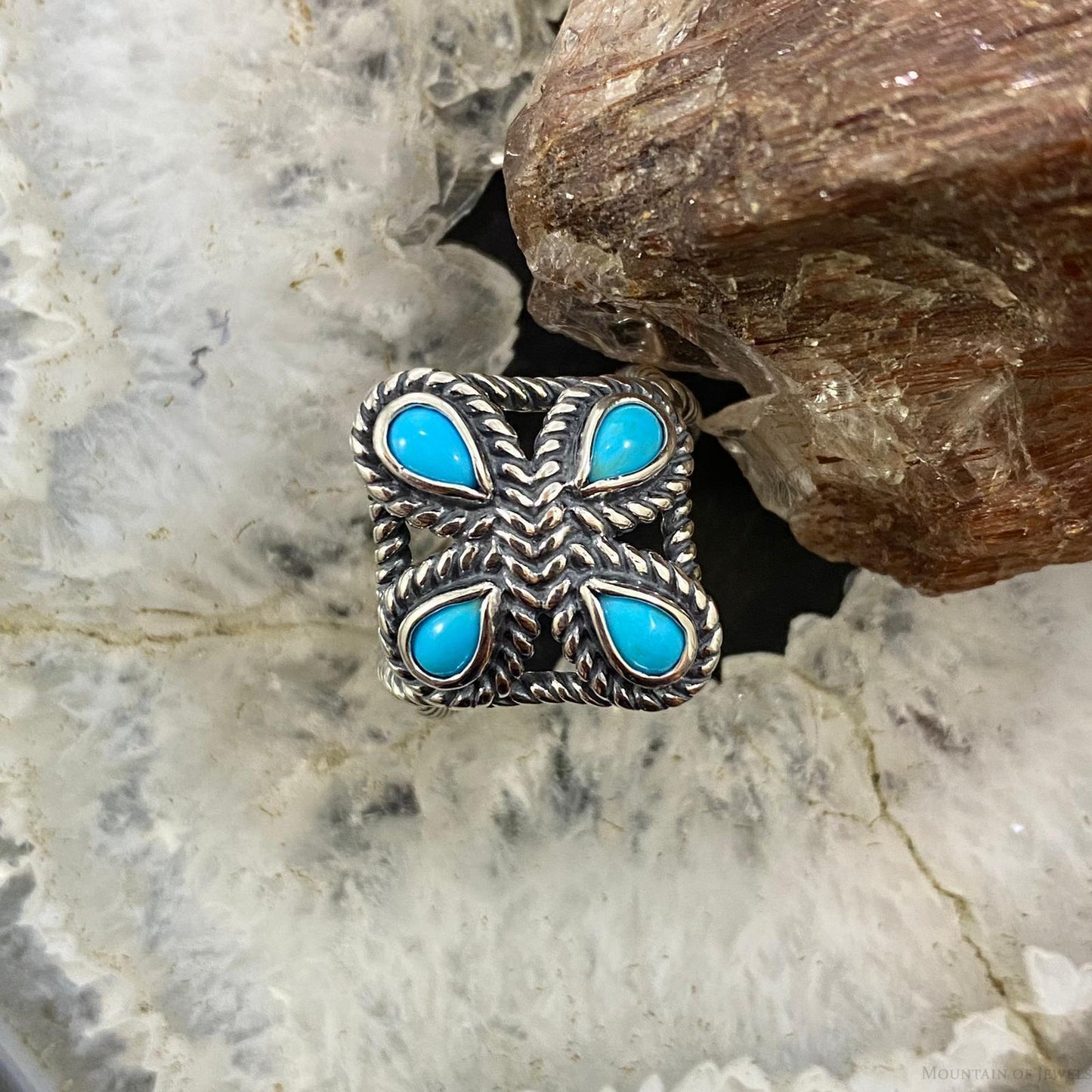 Carolyn Pollack Southwestern Style Sterling Silver 4 Sleeping Beauty Turquoise Decorated Cluster Ring For Women