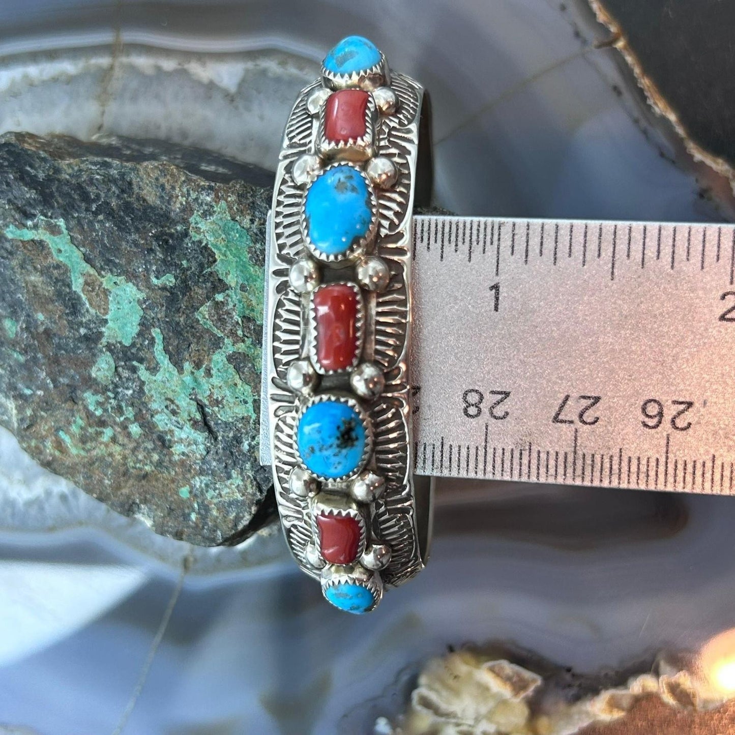 Grace Silver Native Americn Sterling Silver Turquoise & Coral Row Bracelet For Women