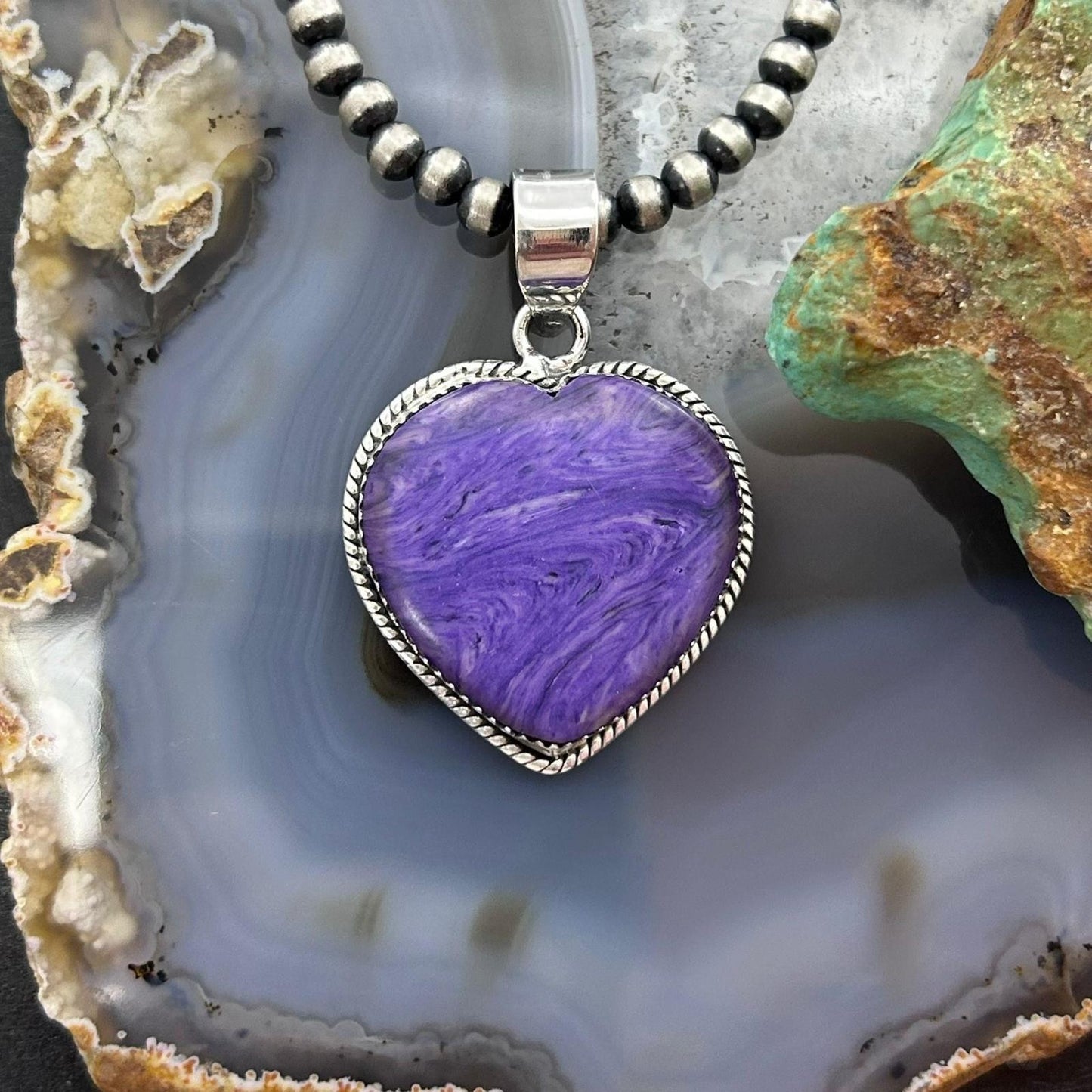 Sterling Silver Southwestern Style Charoite Heart Pendant For Women