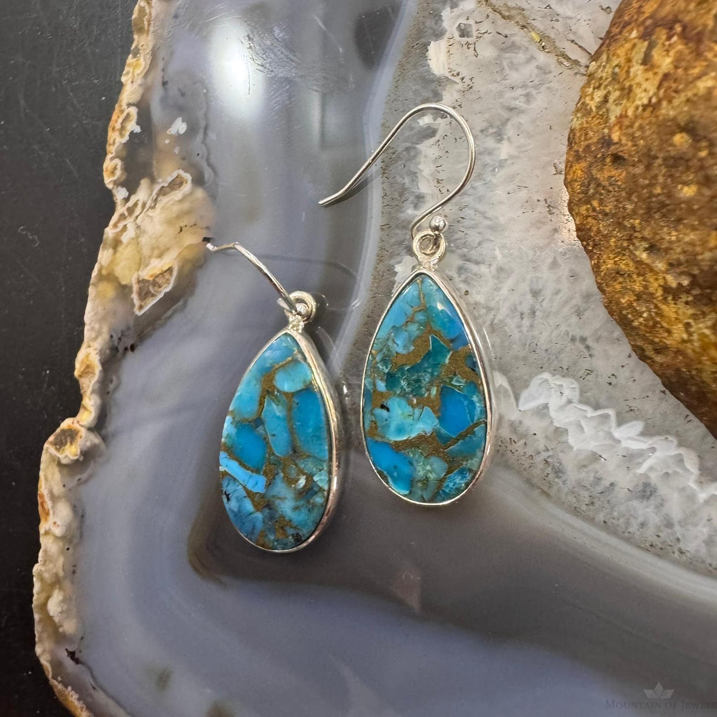 Sterling Silver Southwestern Style Teardrop Cooper Turquoise Dangle Earrings For Women