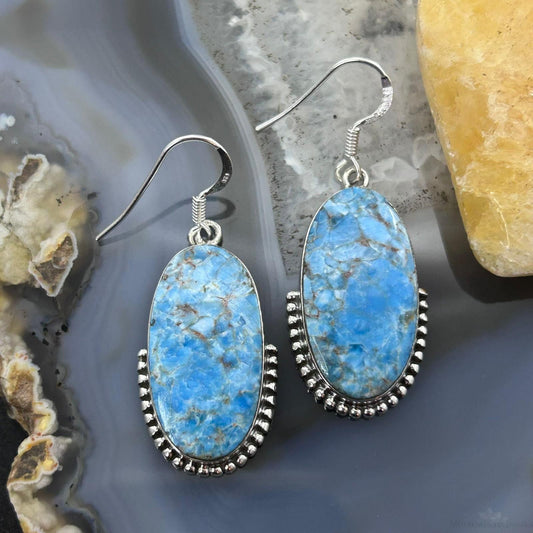 Sterling Silver Southwestern Style Oval Blue Apatite Dangle Earrings For Women
