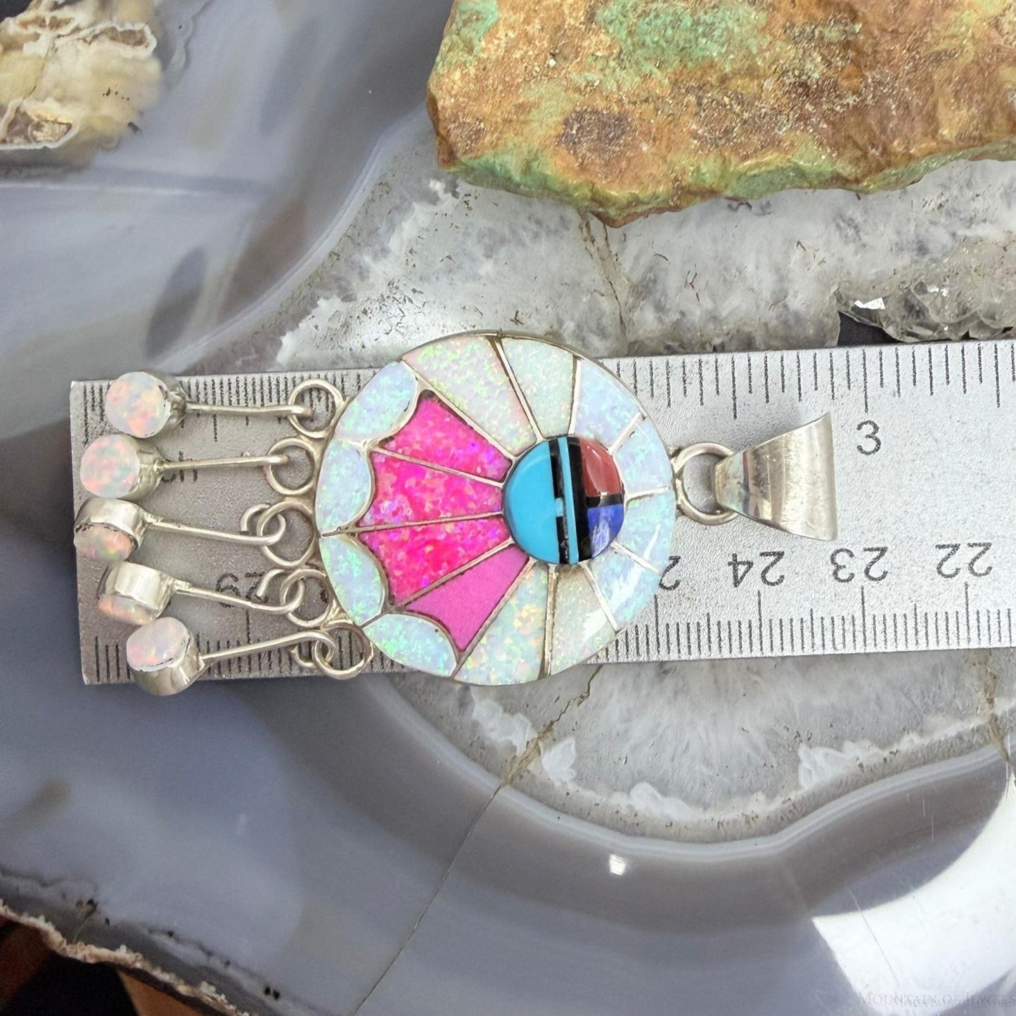 Amy Quandelacy Zuni Sterling Silver Sunface Opal,Turquoise,Coral Decorated Pendant