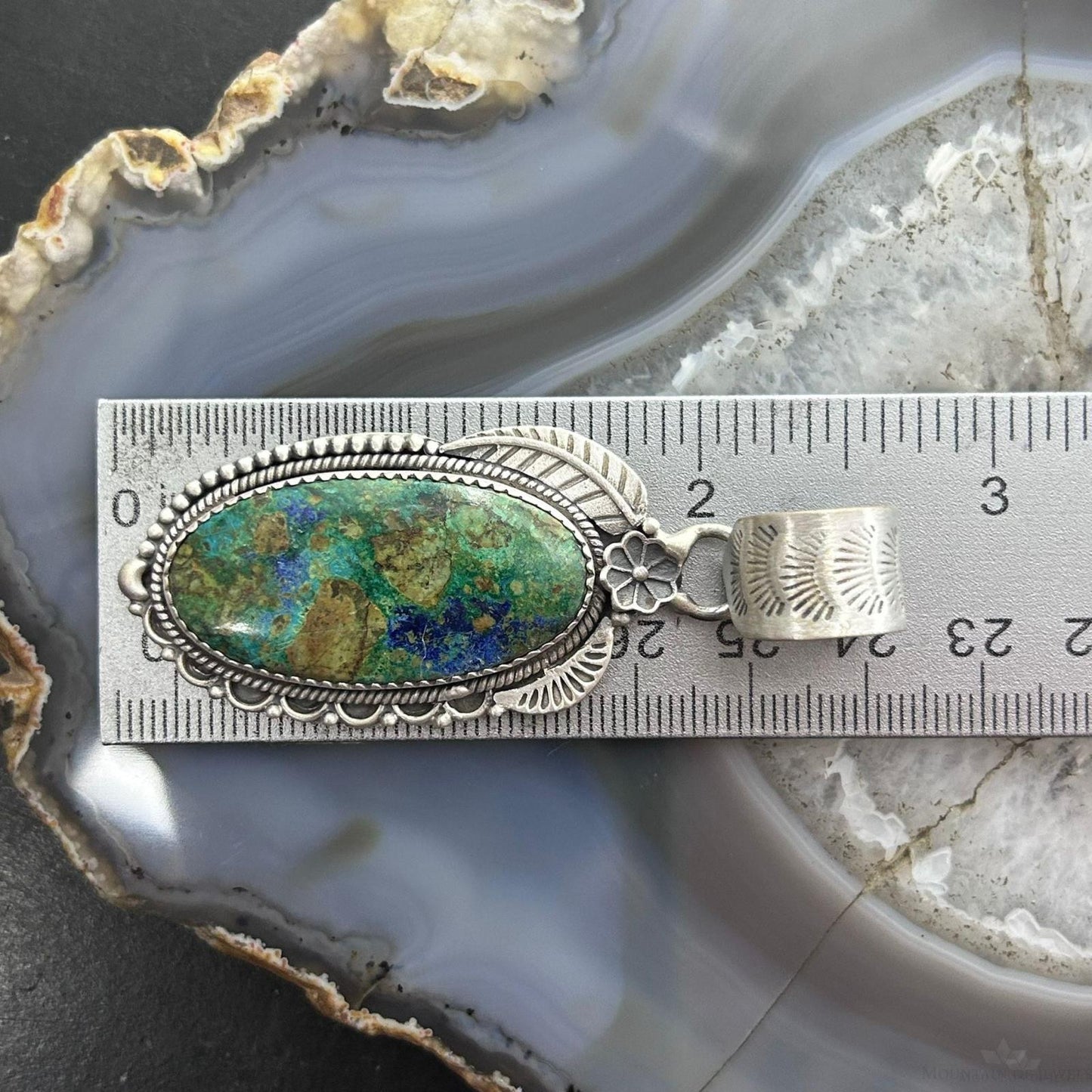Sterling Silver Southwestern Style Elongated Chrysocolla Decorated Pendant For Women