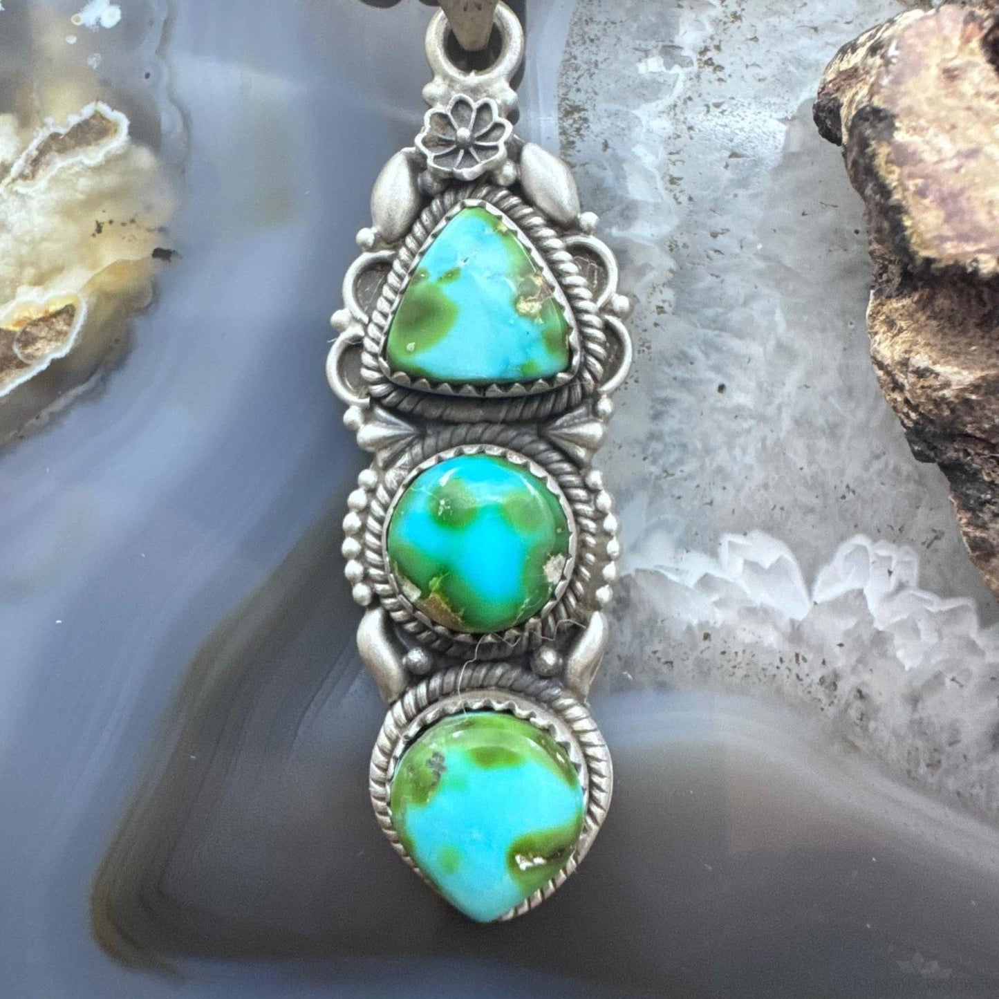 Sterling Silver Southwestern Style 3 Sonora Gold Turquoise Decorated Pendant For Women