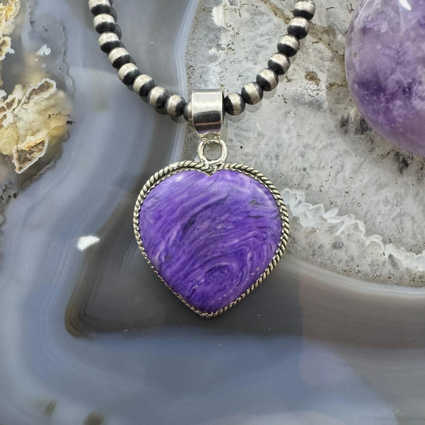 Sterling Silver Southwestern Style Charoite Heart Shape Pendant For Women