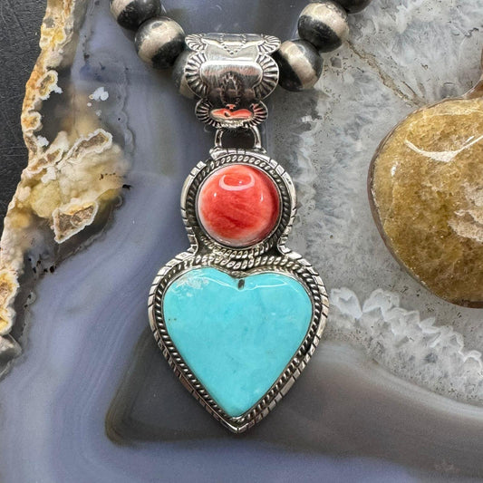 Native American Sterling Silver Spiny Oyster & Turquoise Heart Shape Pendant For Women