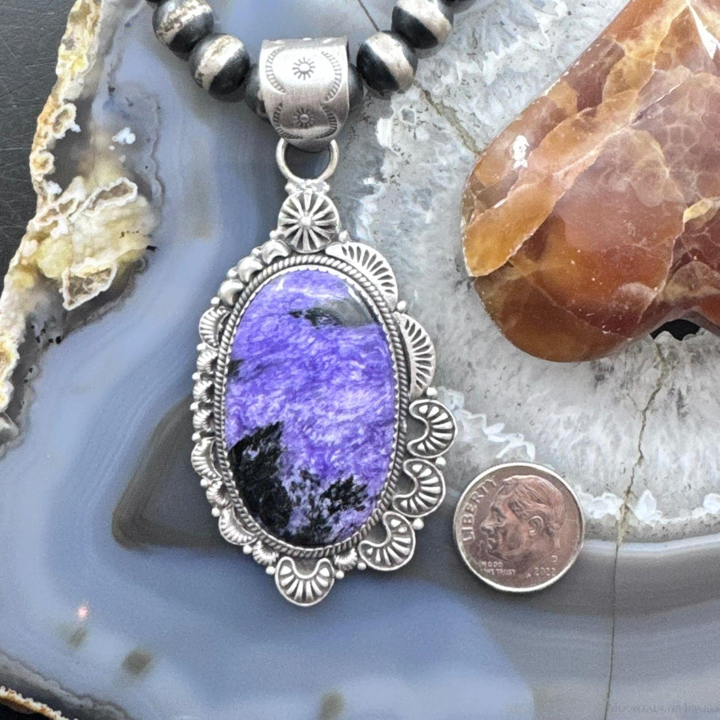 Sterling Silver Southwestern Style Large Oval Charoite Decorated Pendant For Women