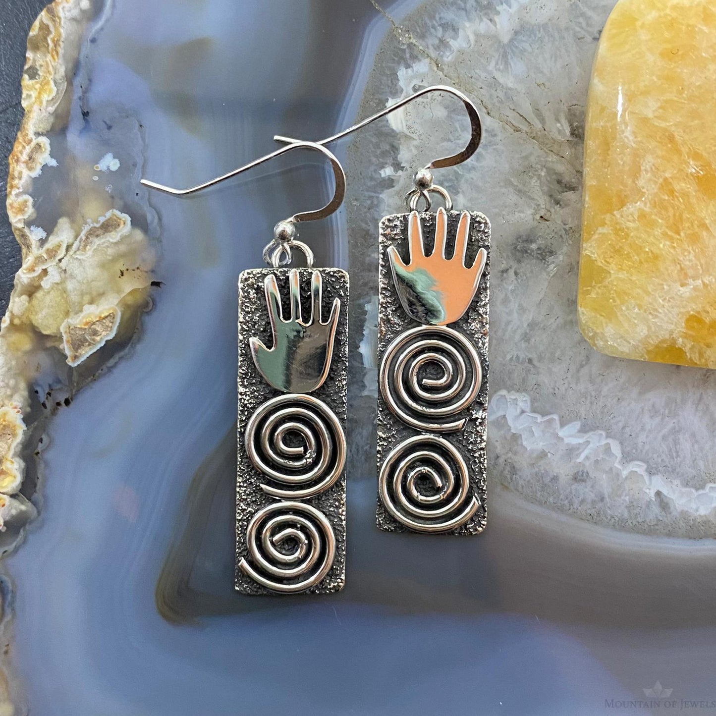 Alex Sanchez Native American Sterling Silver Long Rectangle Petroglyph Dangle Earrings For Women
