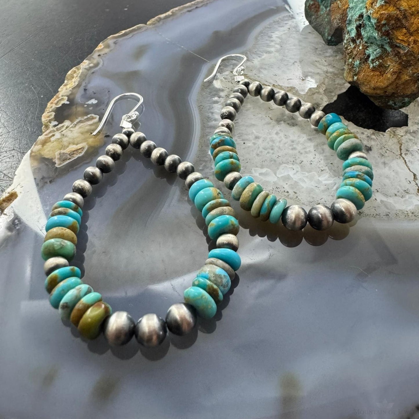Sterling Silver 4mm Navajo Pearl Southwester Style & 6mm Turquoise Bead Hoop Earrings For Women