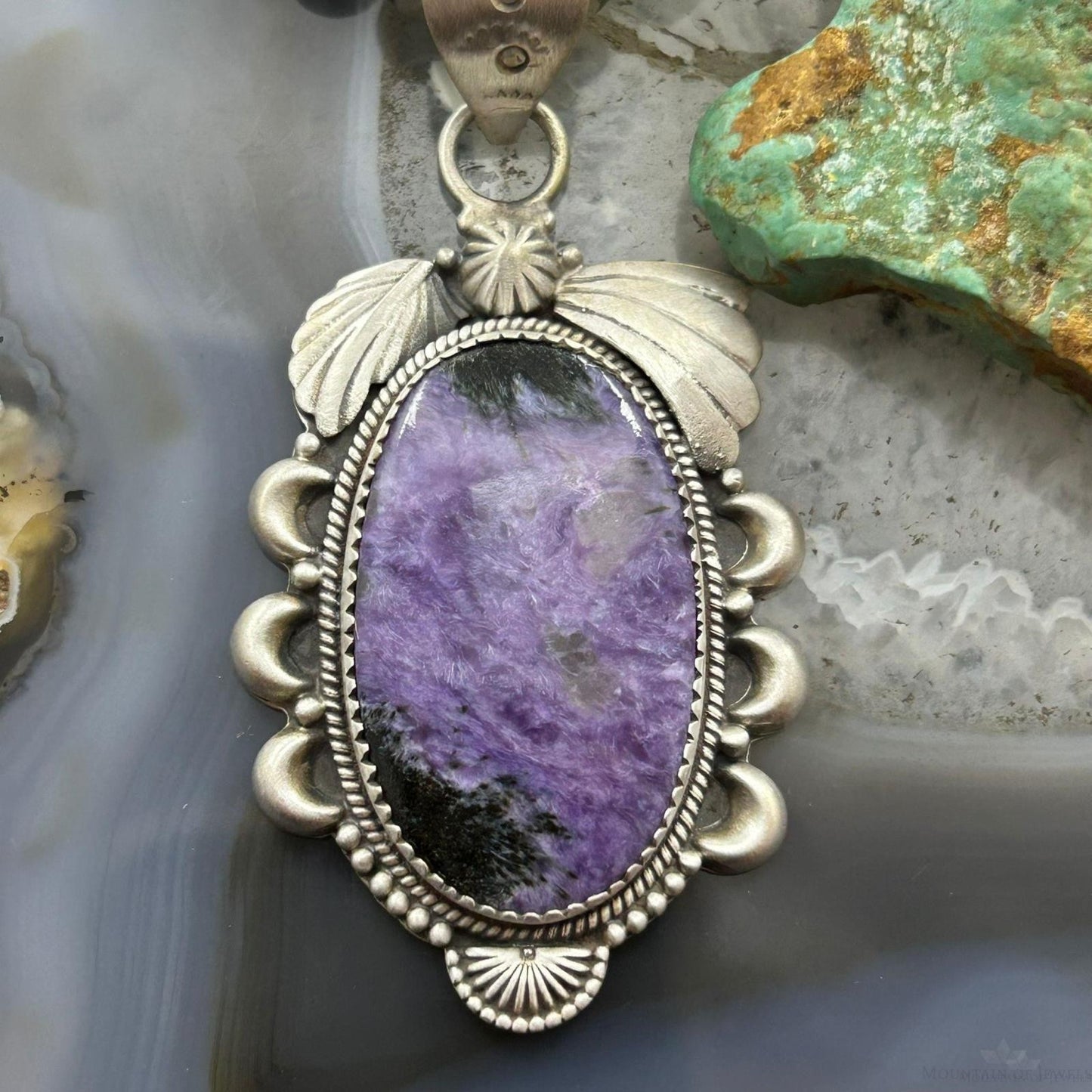 Sterling Silver Southwestern Style Oval Charoite Decorated Pendant For Women