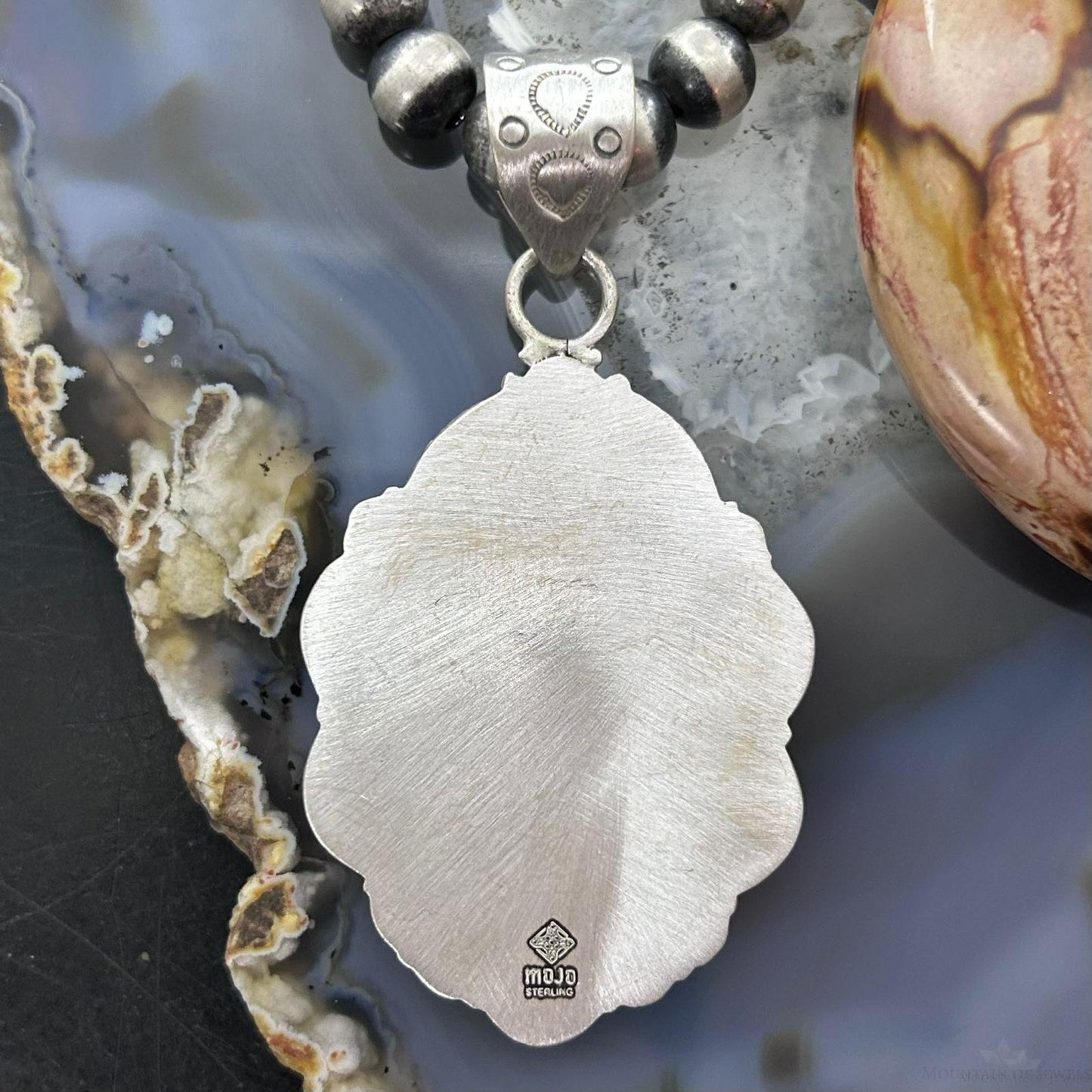 Sterling Silver Southwestern Style Oval Peanut Obsidian Decorated Pendant For Women