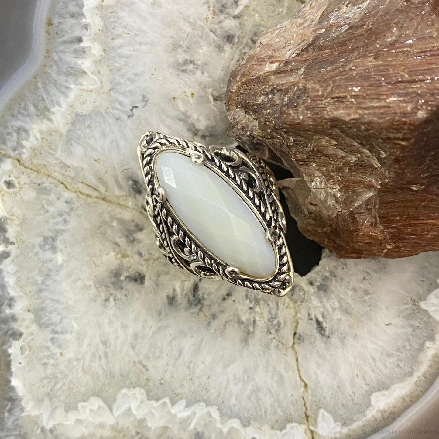 Carolyn Pollack Sterling Silver Marquise Faceted Blue Lace Agate Decorated Ring For Women