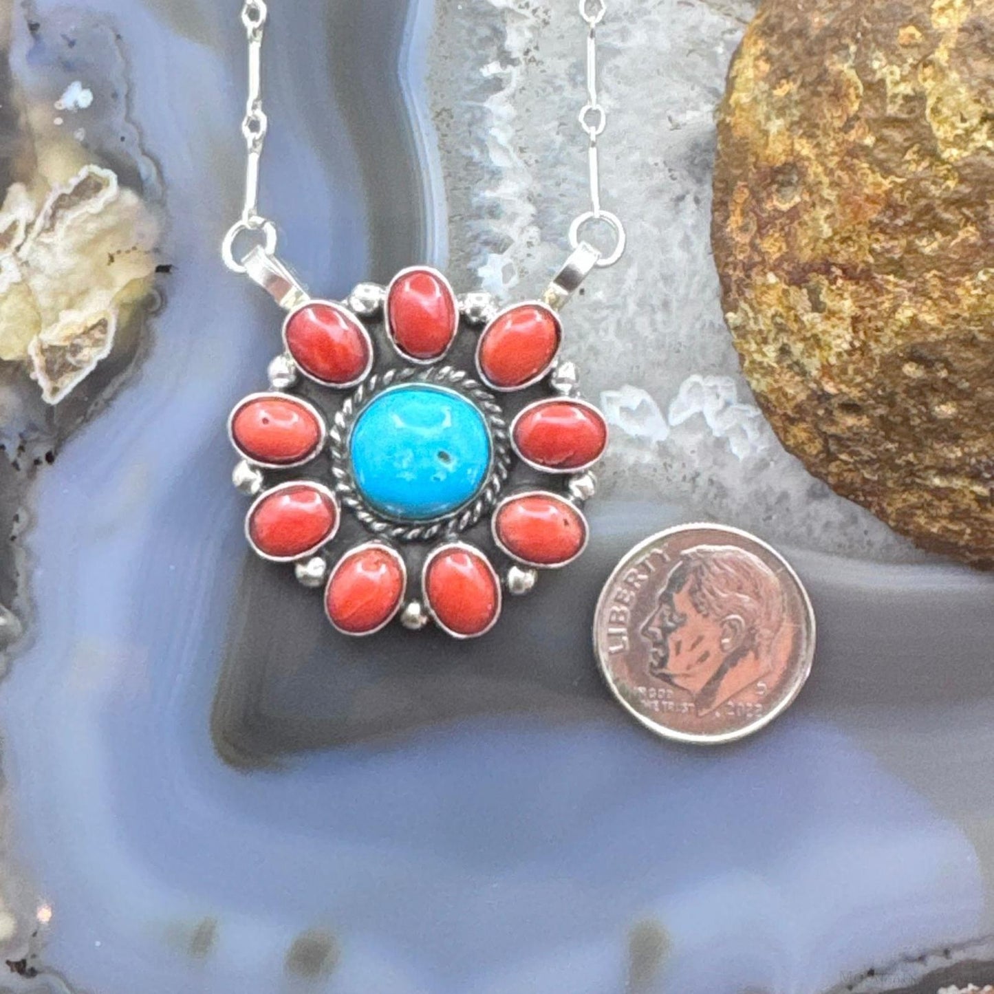 Native American Sterling Silver Round Turquoise W/Oval Coral Cluster Pendant W/Necklace For Women