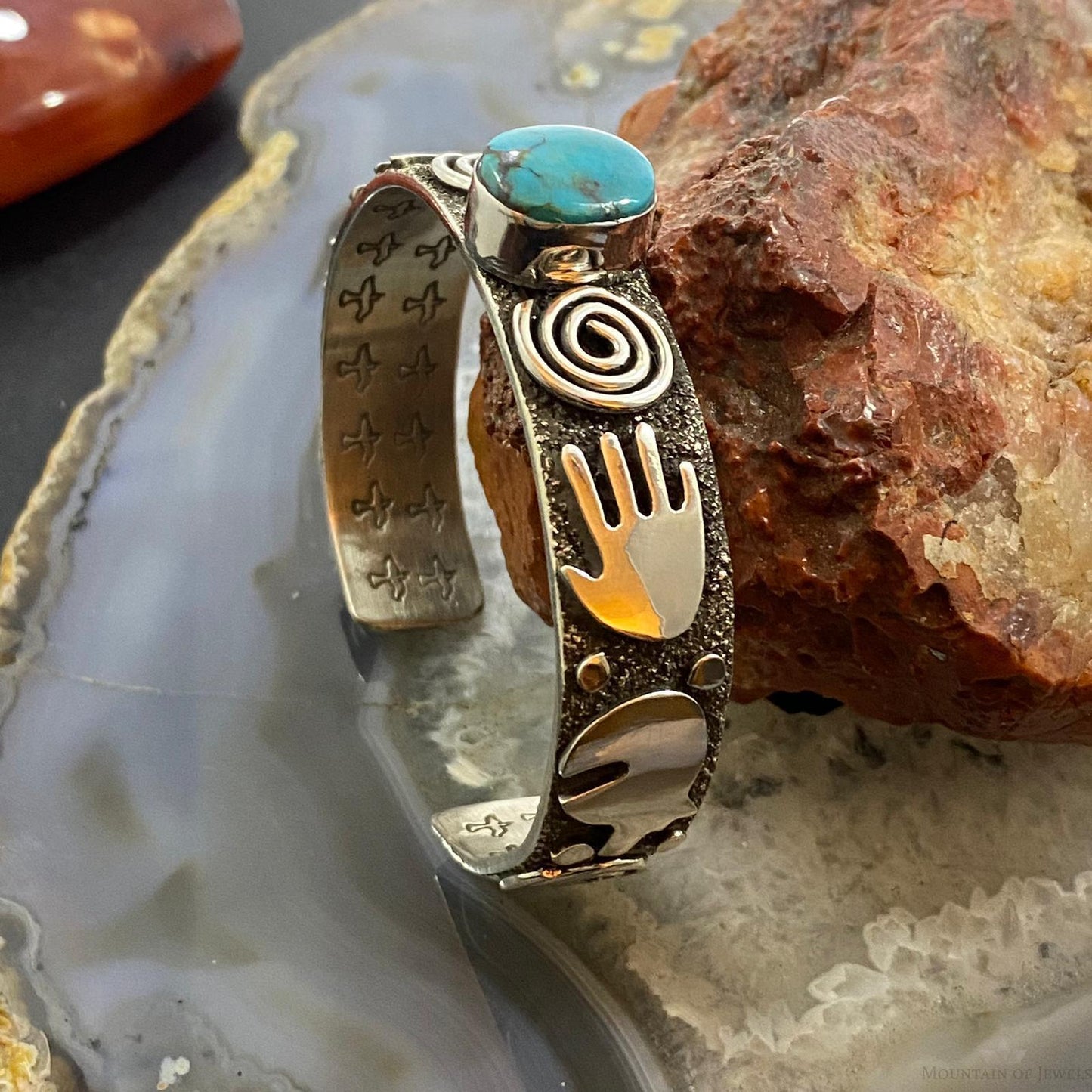 Alex Sanchez Native American Sterling Silver Turquoise Petroglyph Bracelet #2