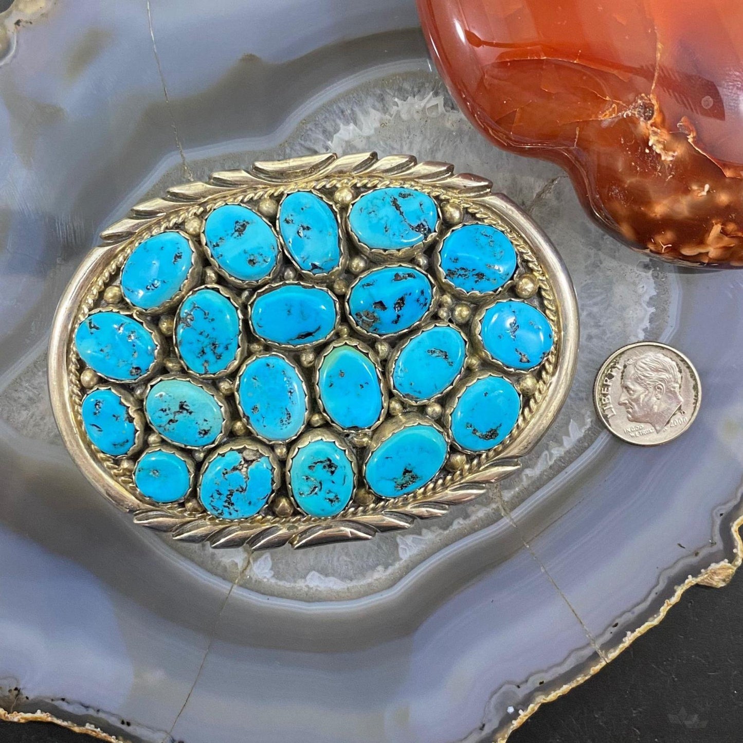 Vintage Heavy Native American Silver Oval Rough Turquoise Belt Buckle For Men